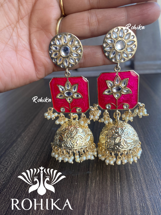 Rukmani jhumkal earrings-Dark pink