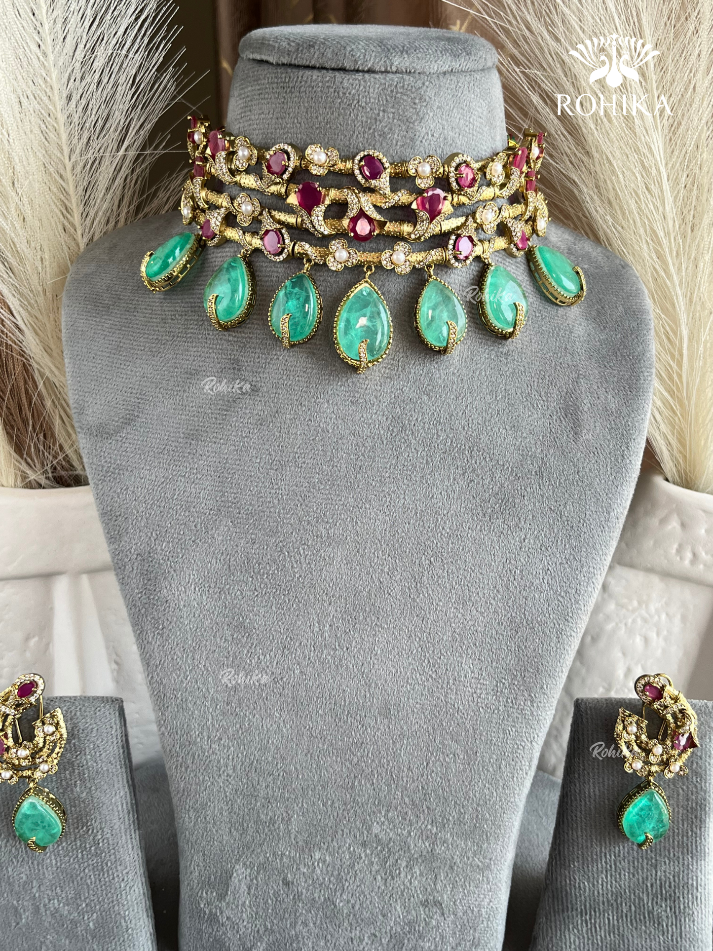 Floral choker set -  Ruby red & mint green