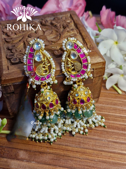 Parini pachhi kundan jhumka (PKJ006) - Pink & mint green