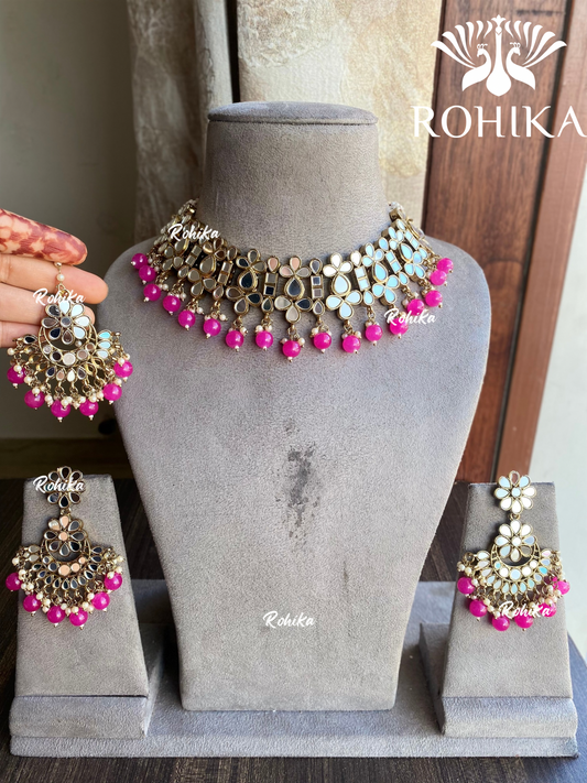 Harsita mirror necklace set - Dark pink