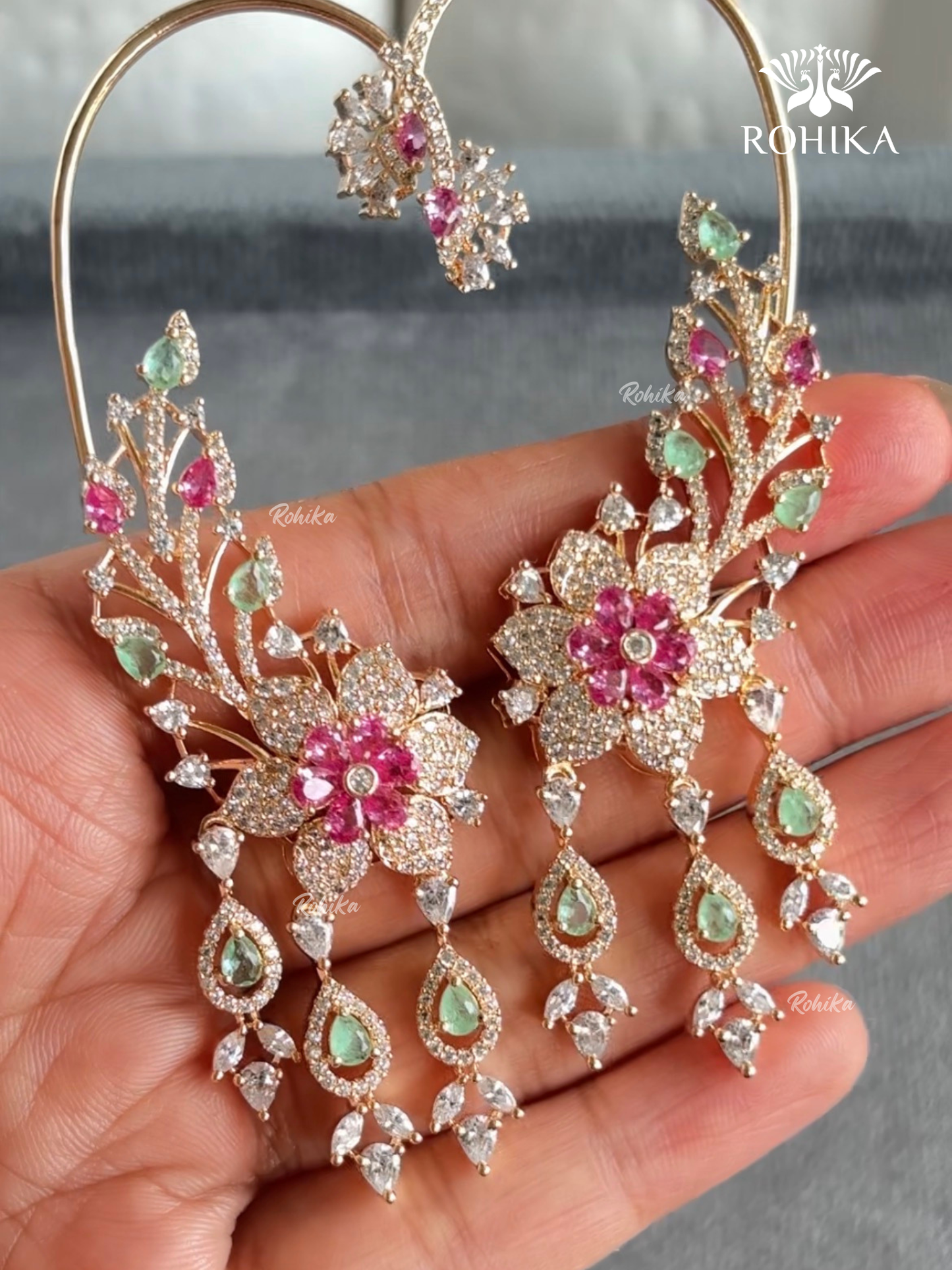 Aashvika American Diamond Earcuff Earrings - Mint Green And Pink