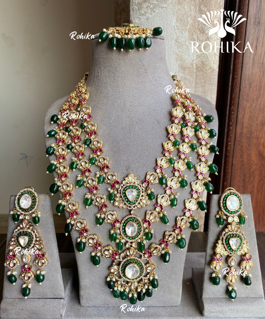 Pranali polki kundan long necklace set  - Green and Pink