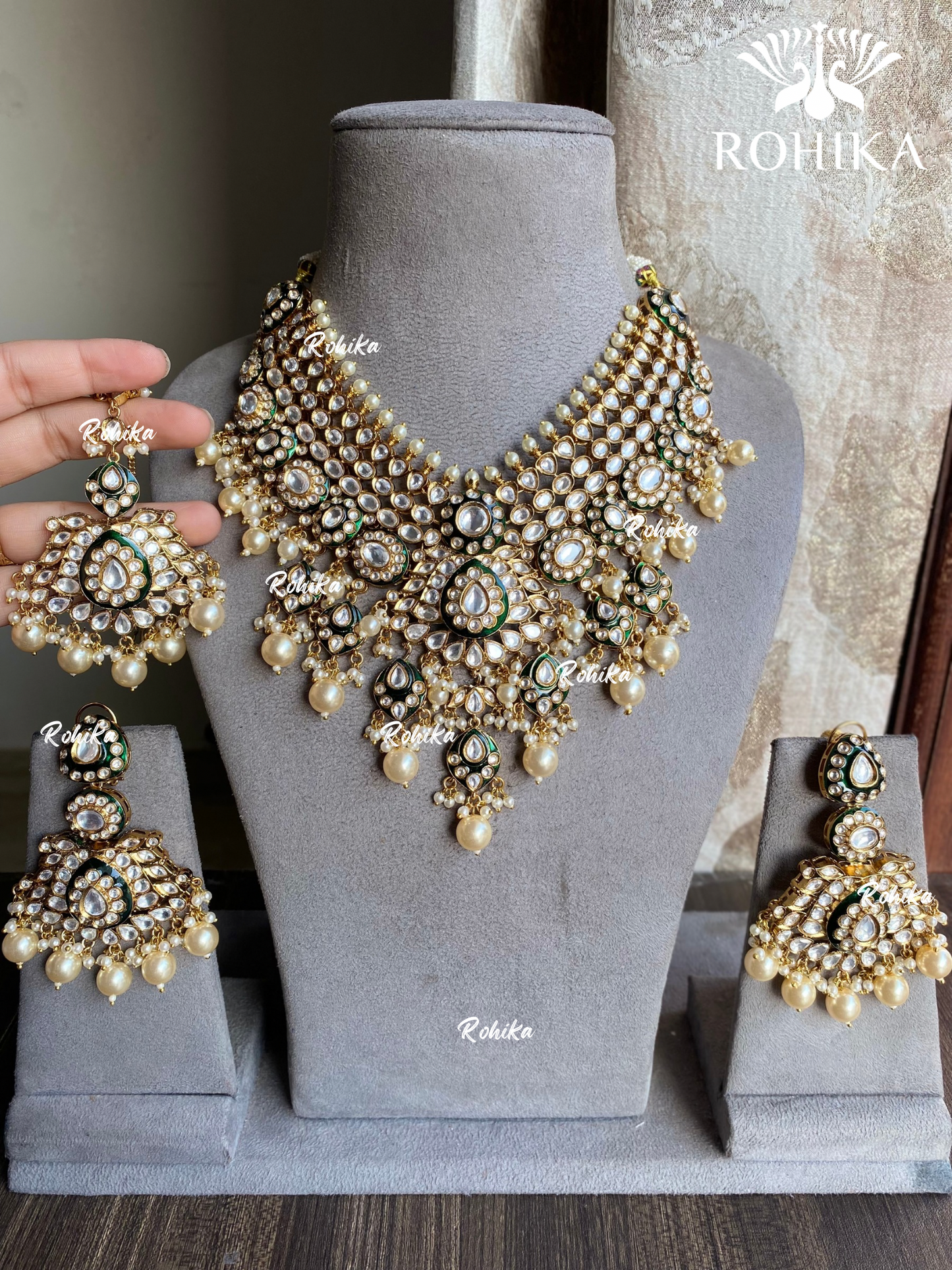 Angira bikaneri polki kundan necklace set - Dark Green