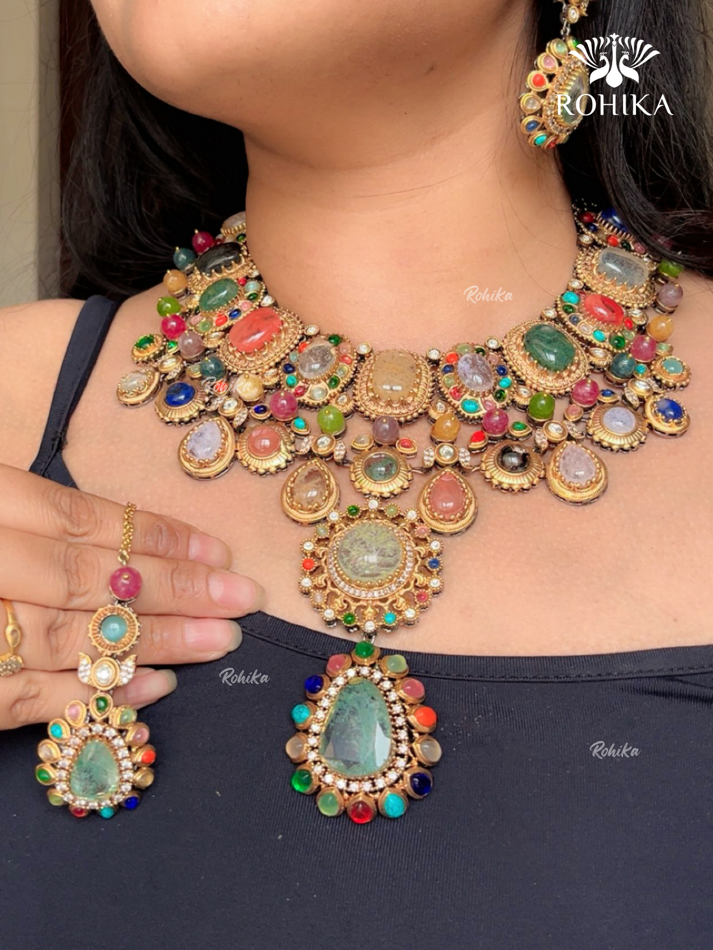 Saabya inspired fusion long necklace set (SS030) - Multi colour