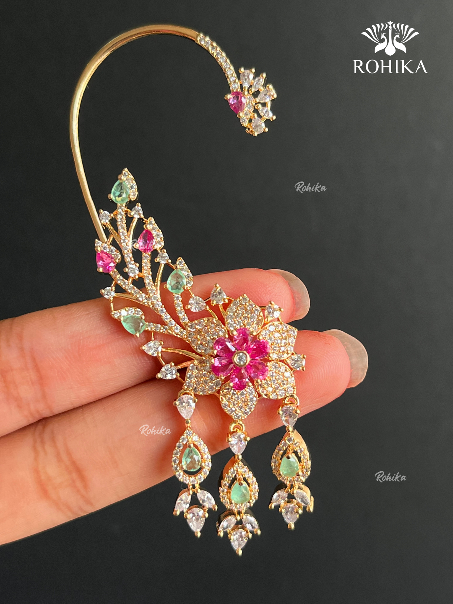 Aashvika American Diamond Earcuff Earrings - Mint Green And Pink