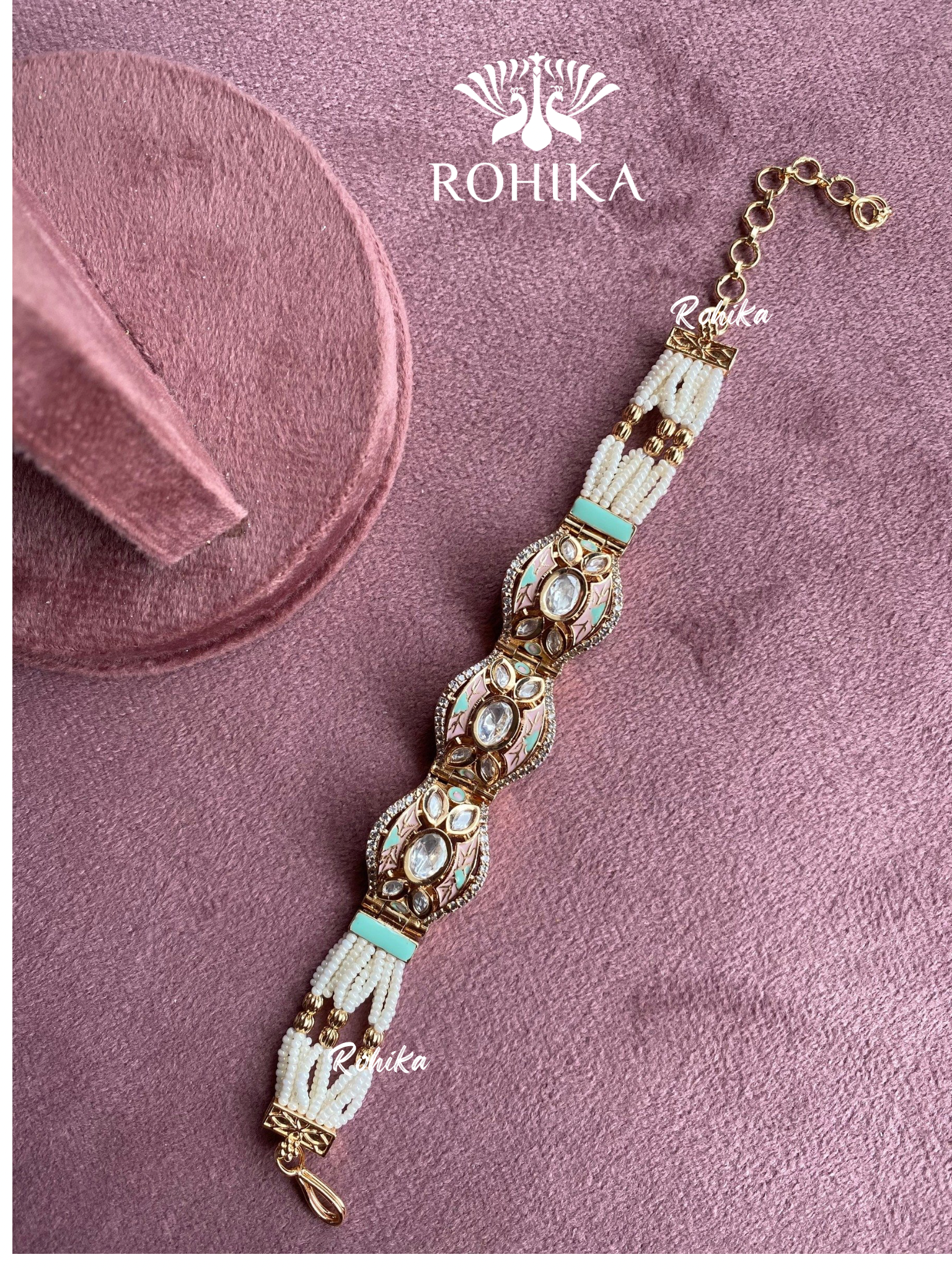 Anhita polki kundan meenakari bracelet/kada - Pink/Mint green