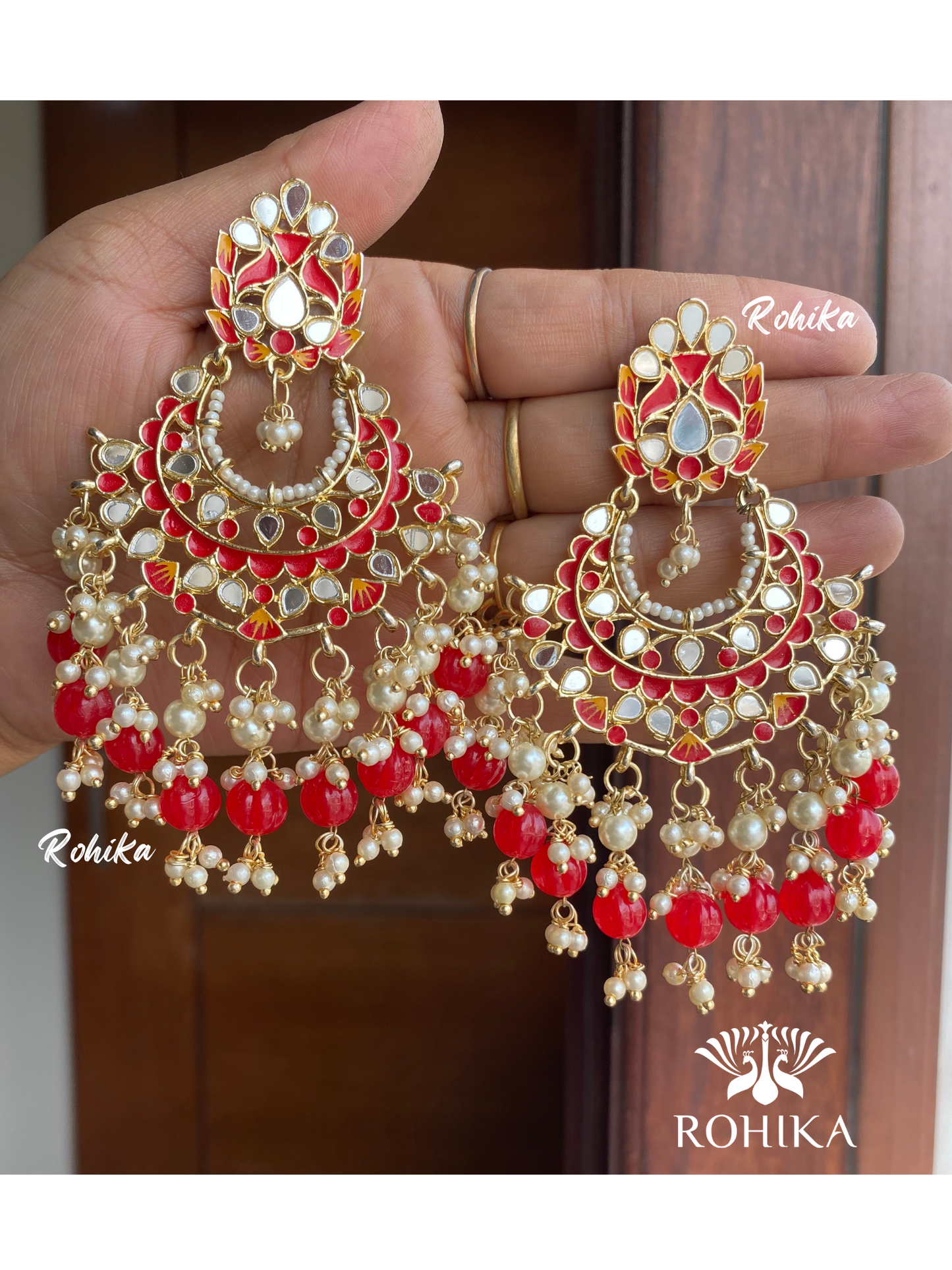 Veena mirror earrings - Red