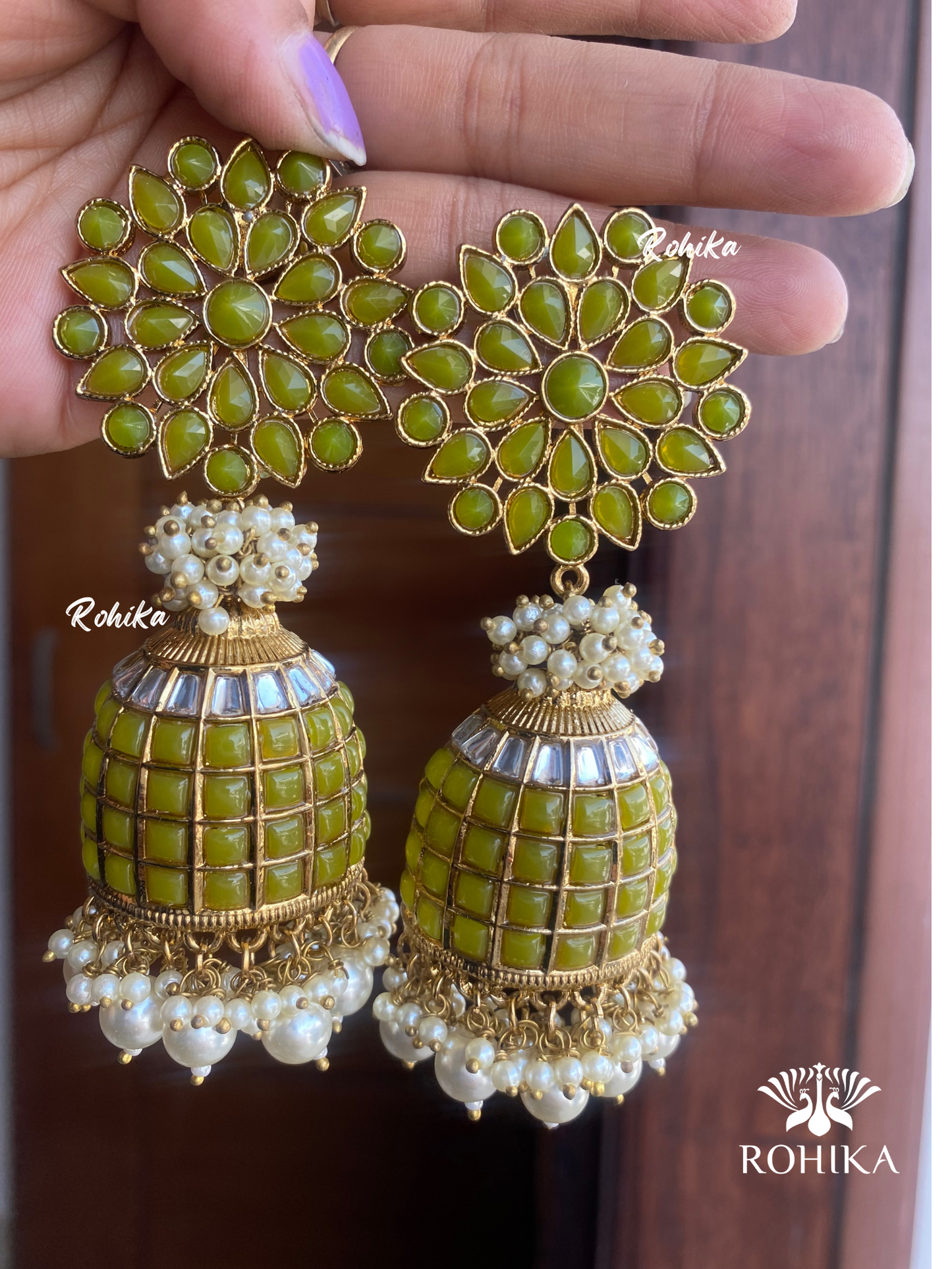 Roop jhumka earrings-Peach -Mehandi