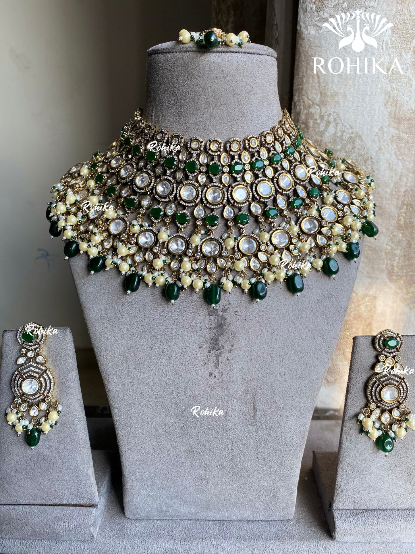 Dharini polki kundan bridal necklace set - Dark Green