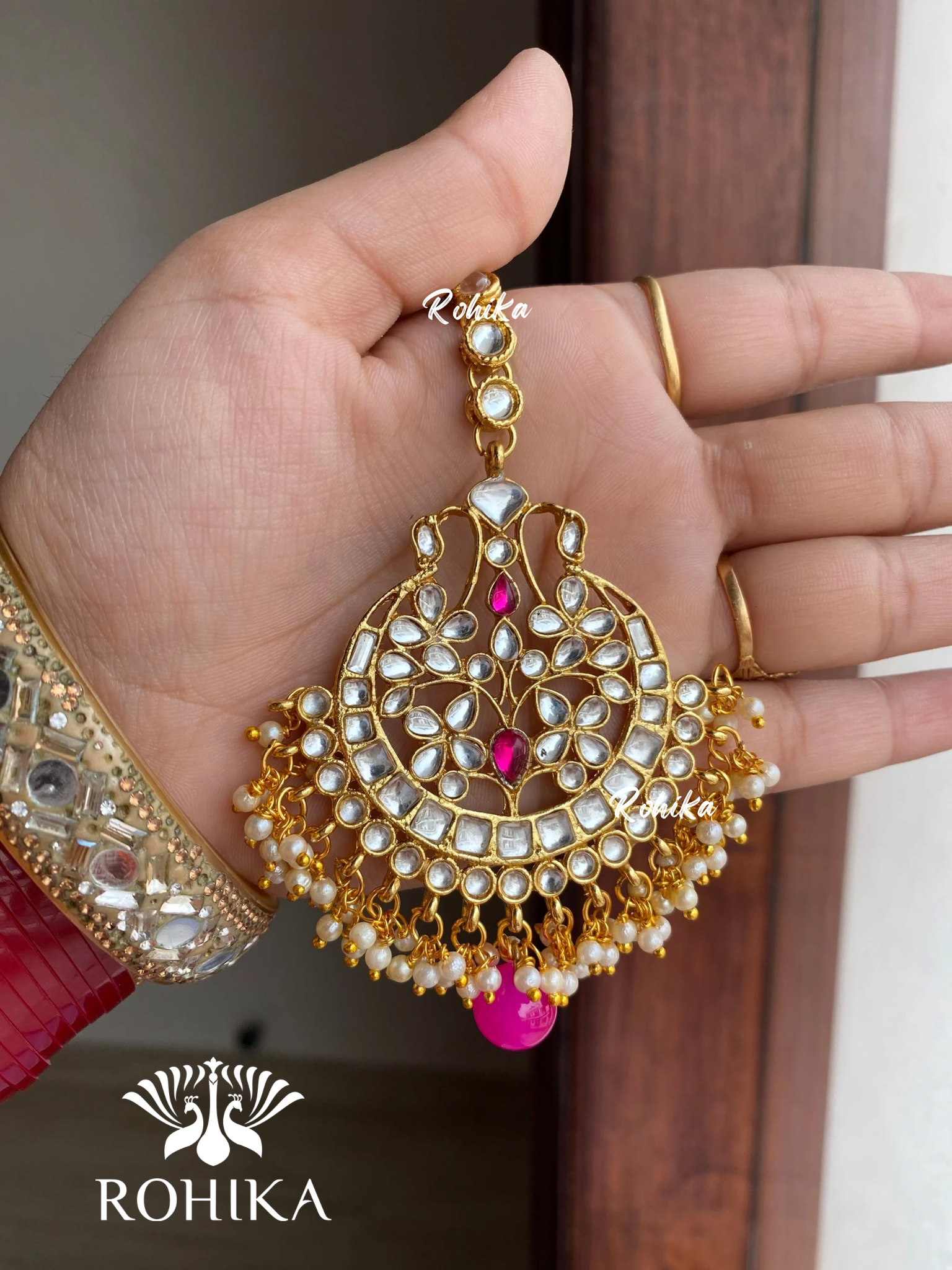 Kavita earrings and maangtikka combo - Pink