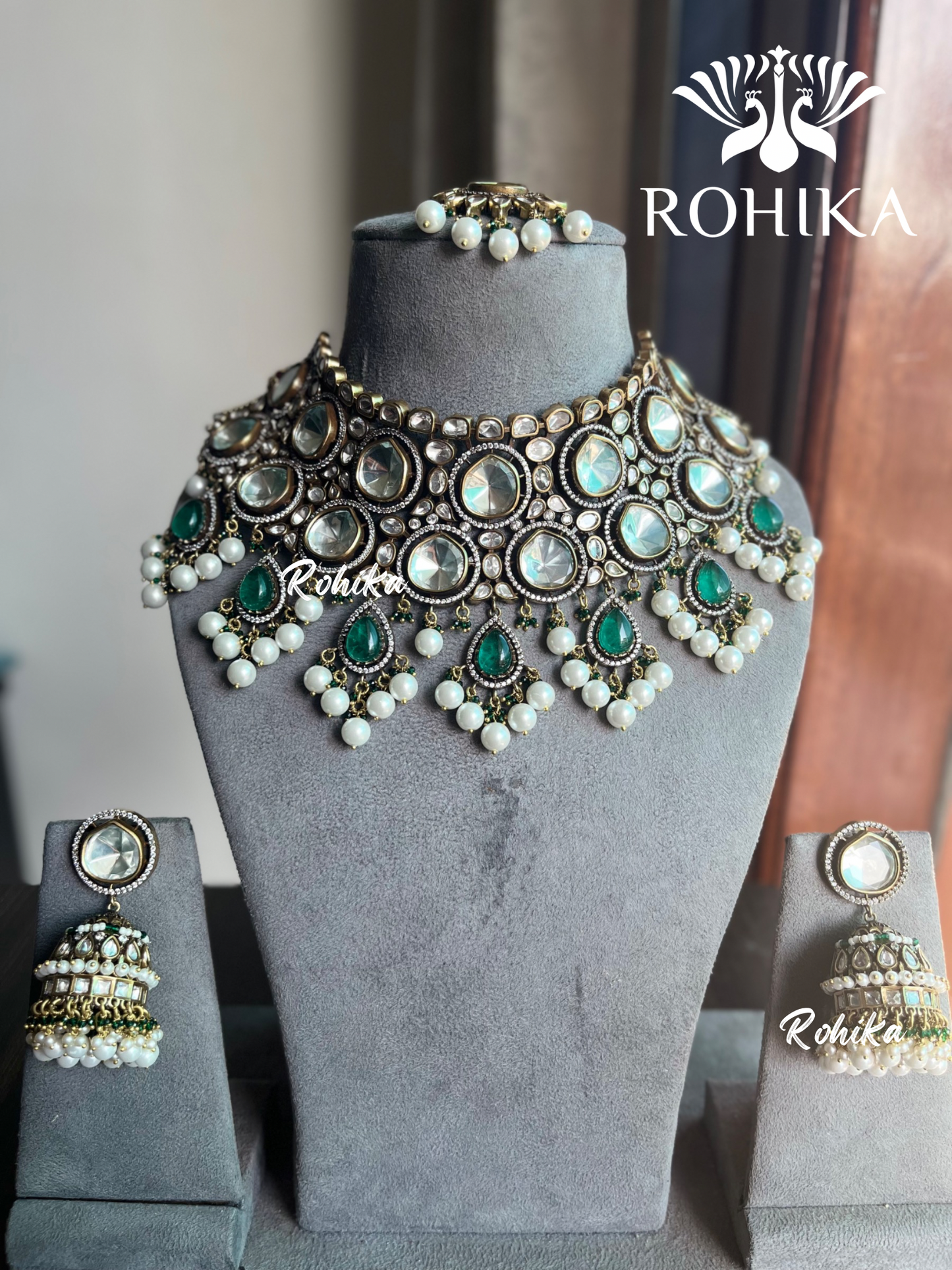 Katha polki kundan bridal set - Green