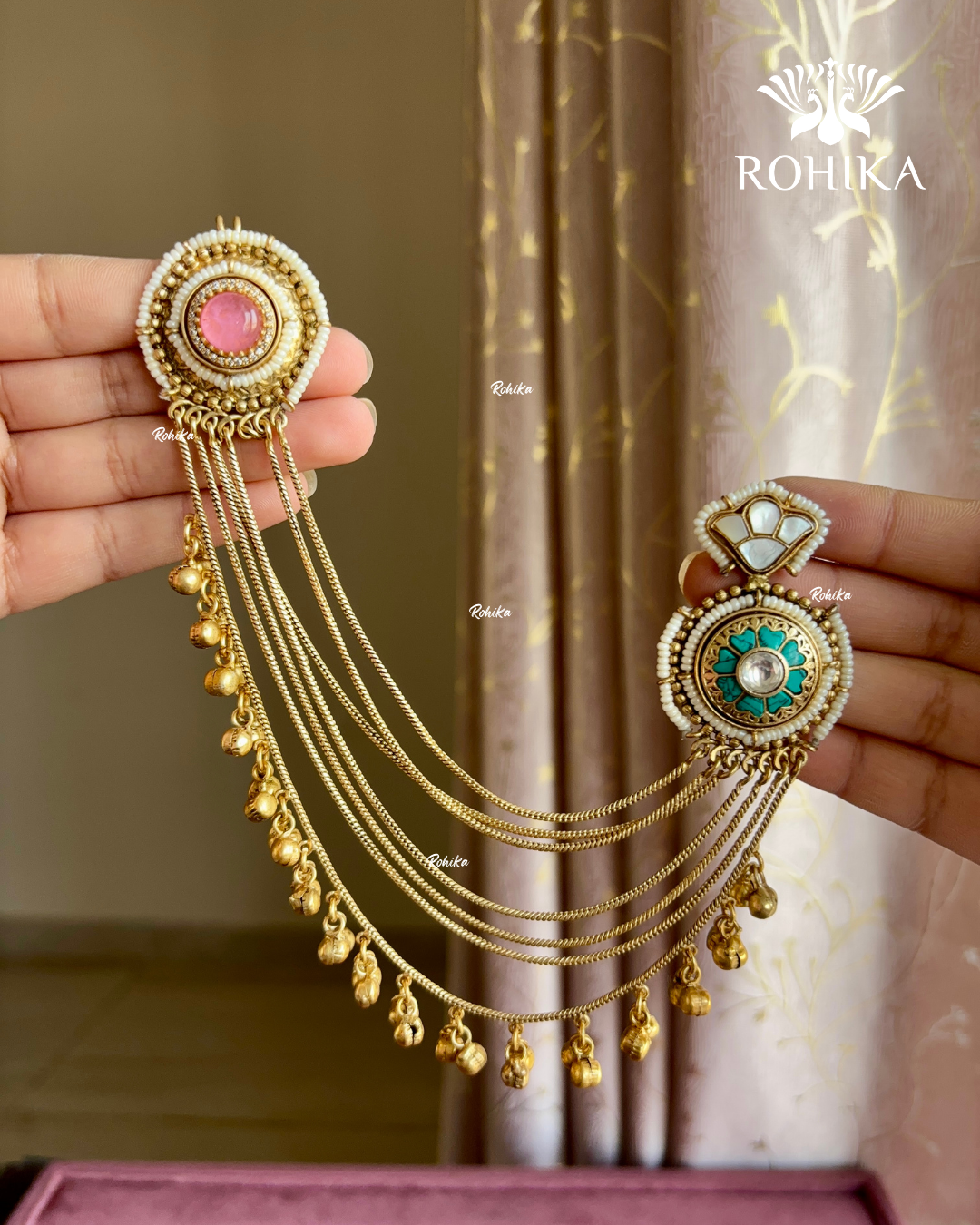 Piya polki kundan earrings with earchains(EE-007)- Pink and Mint Green