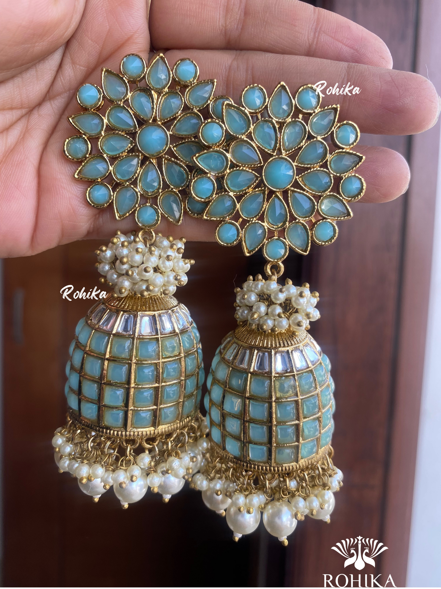 Roop jhumka earrings-Peach -Blue