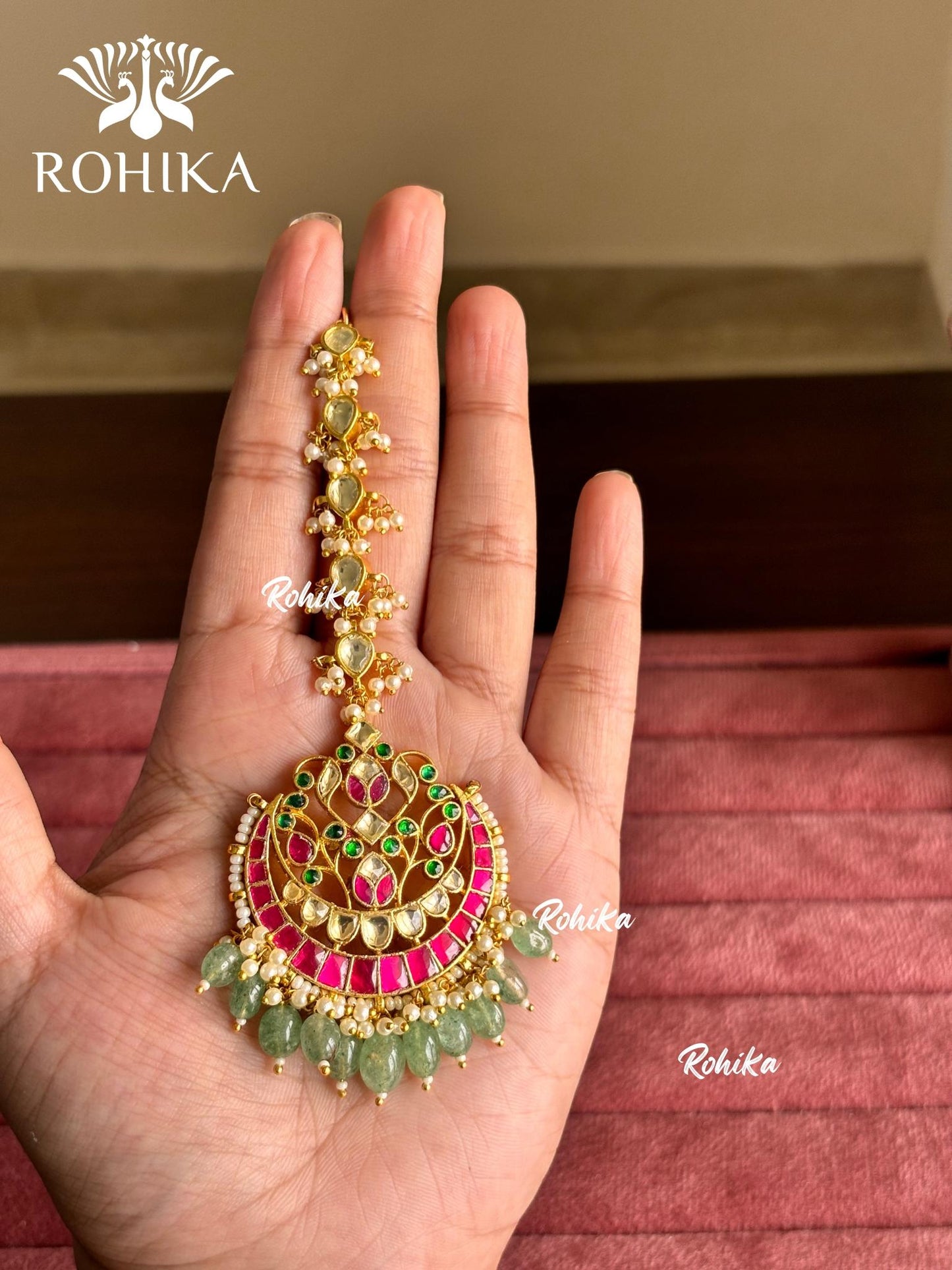 Heritage Pacchi Kundan Maangtikka (HTKA-004) - Pink & Mint