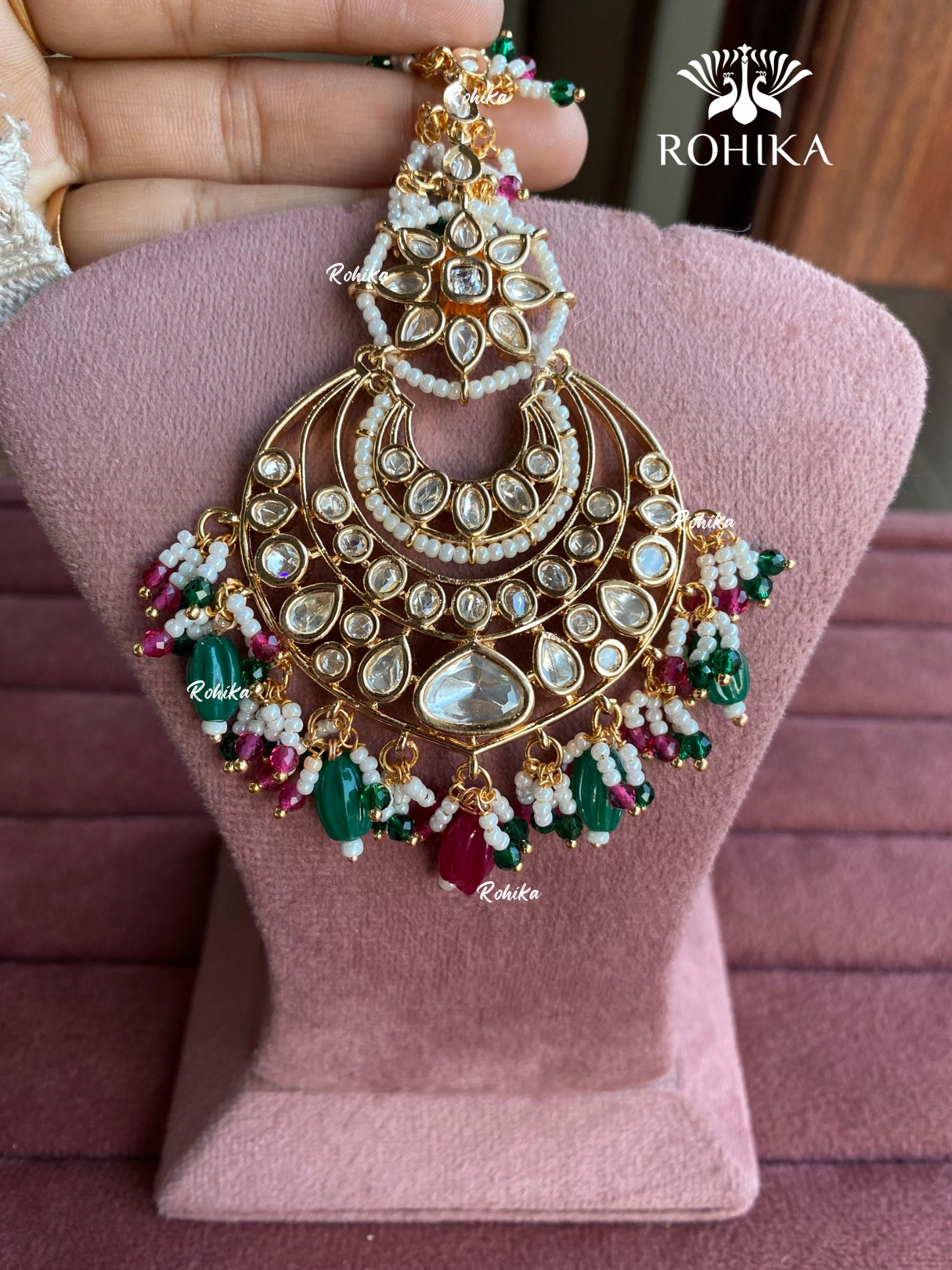 Polki kundan maangtikka (PLKM-033) - Pink & green