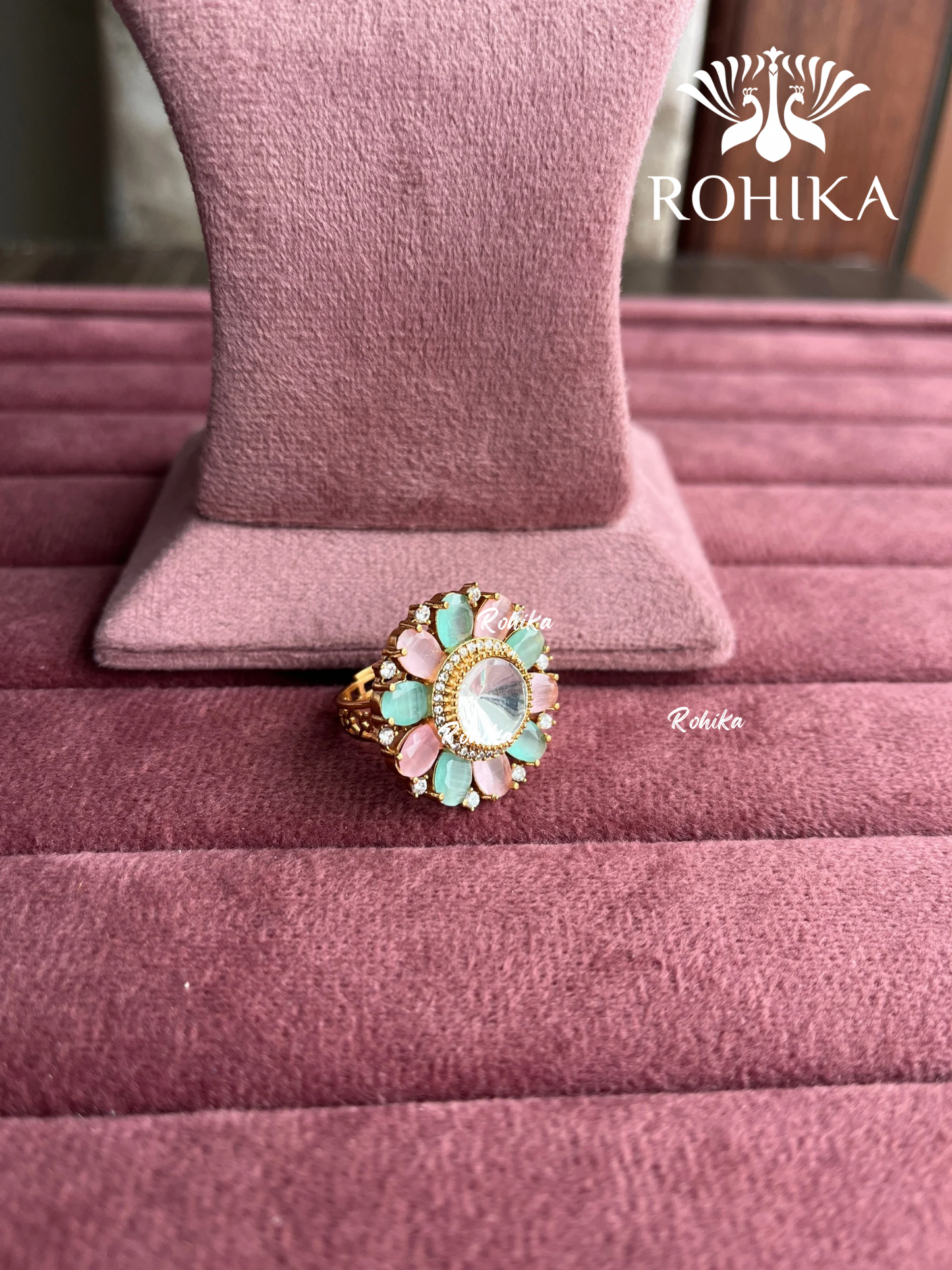 Angana polki kundan ring (SG-094) - Mint green & pink