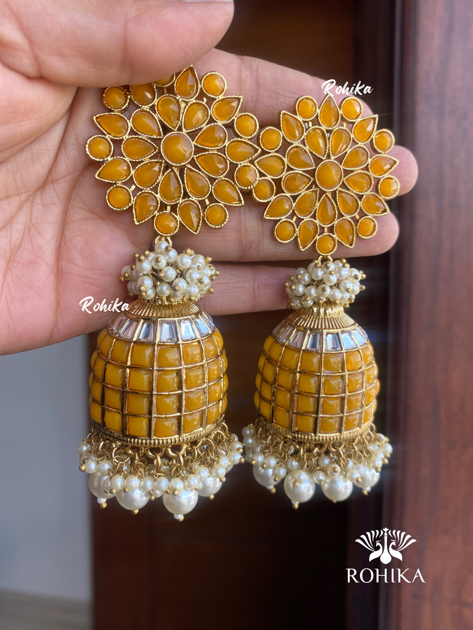 Roop jhumka earrings-Peach -Yellow