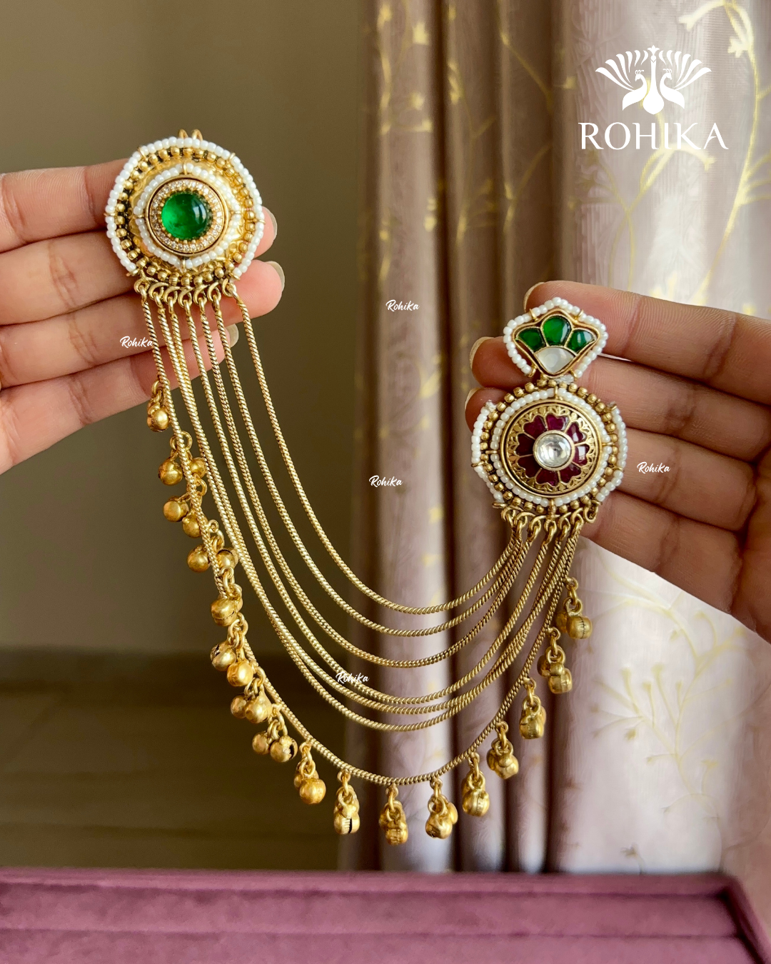 Piya polki kundan earrings with earchains(EE-007)-  Green and Red