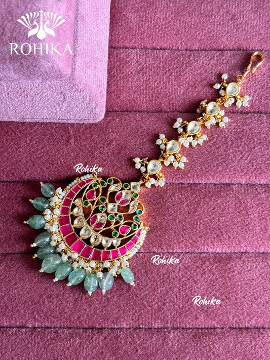 Heritage Pacchi Kundan Maangtikka (HTKA-004) - Pink & Mint