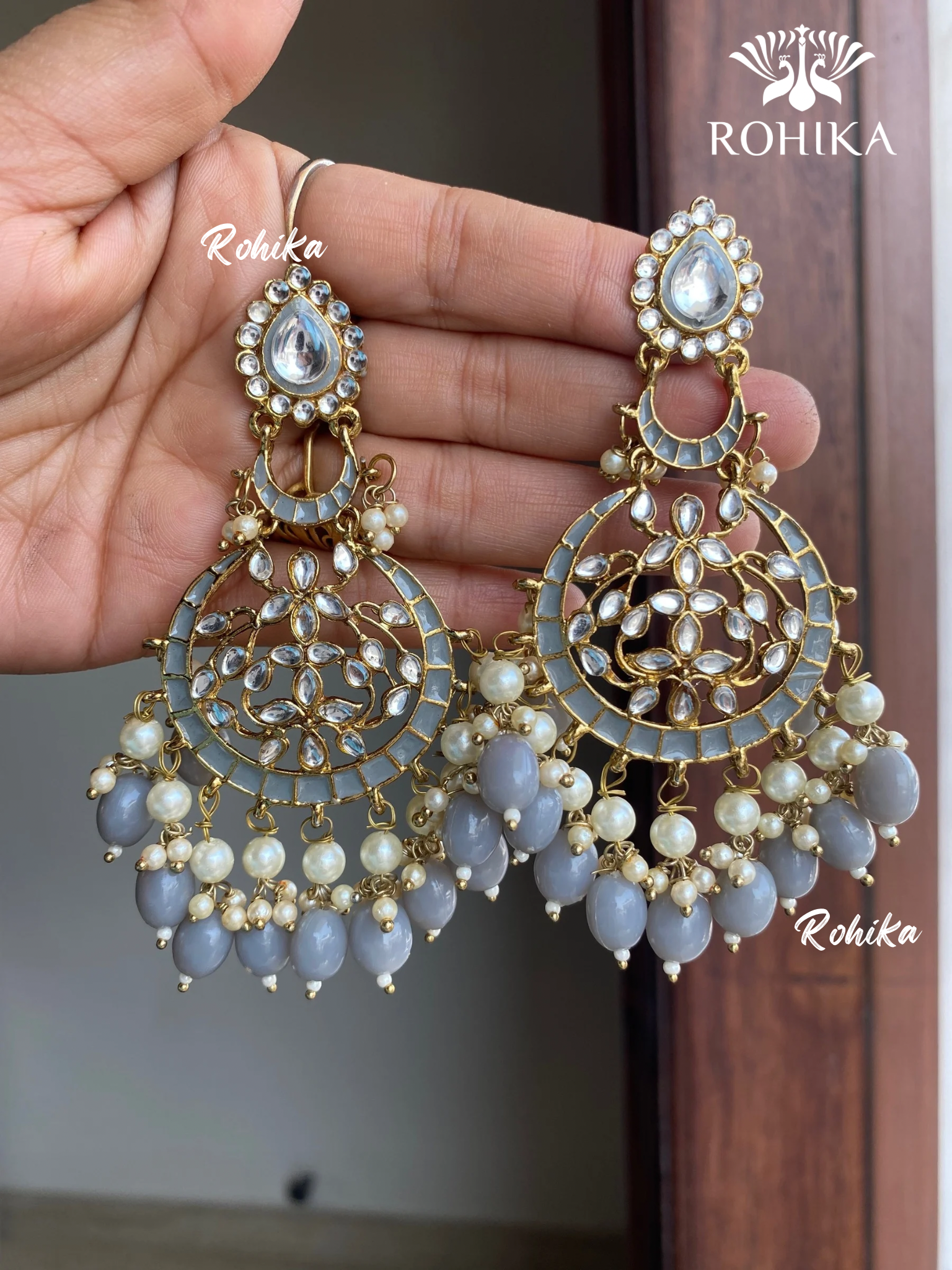 Kajal meenakari kundan earrings - Grey