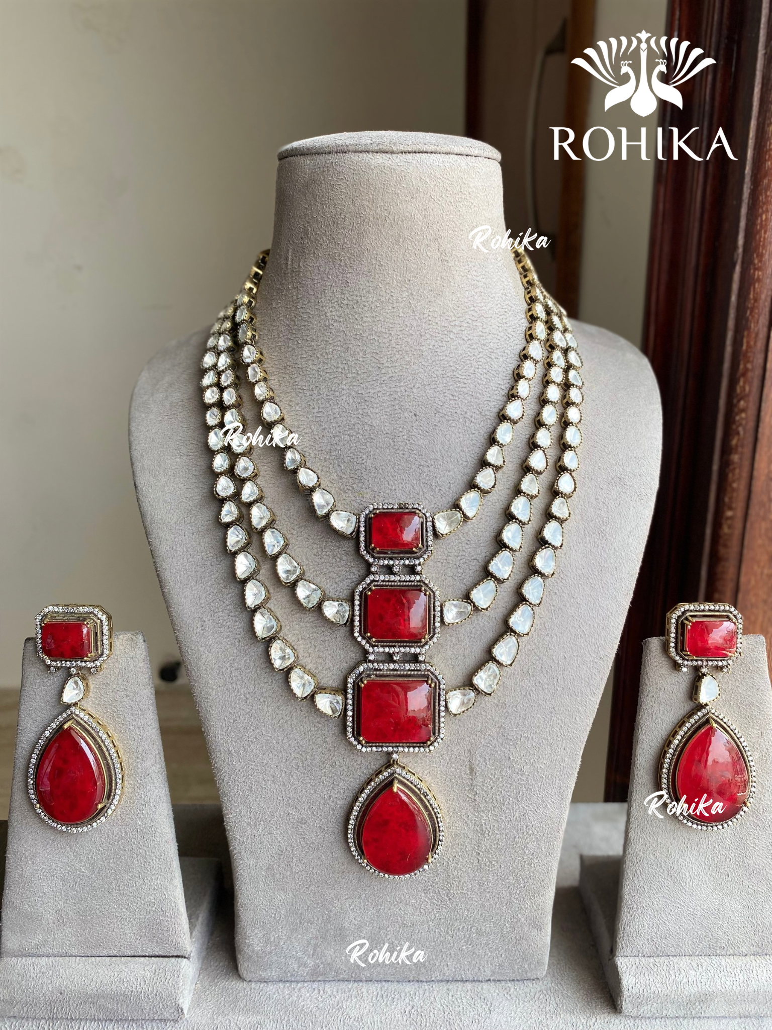 Kamya doublet stone moisinite necklace set - Red