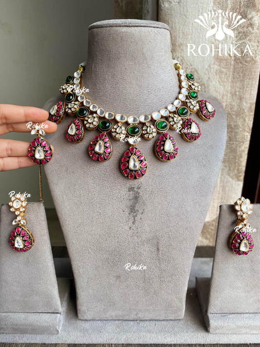 Wamika polki kundan necklace set - Green and Ruby red