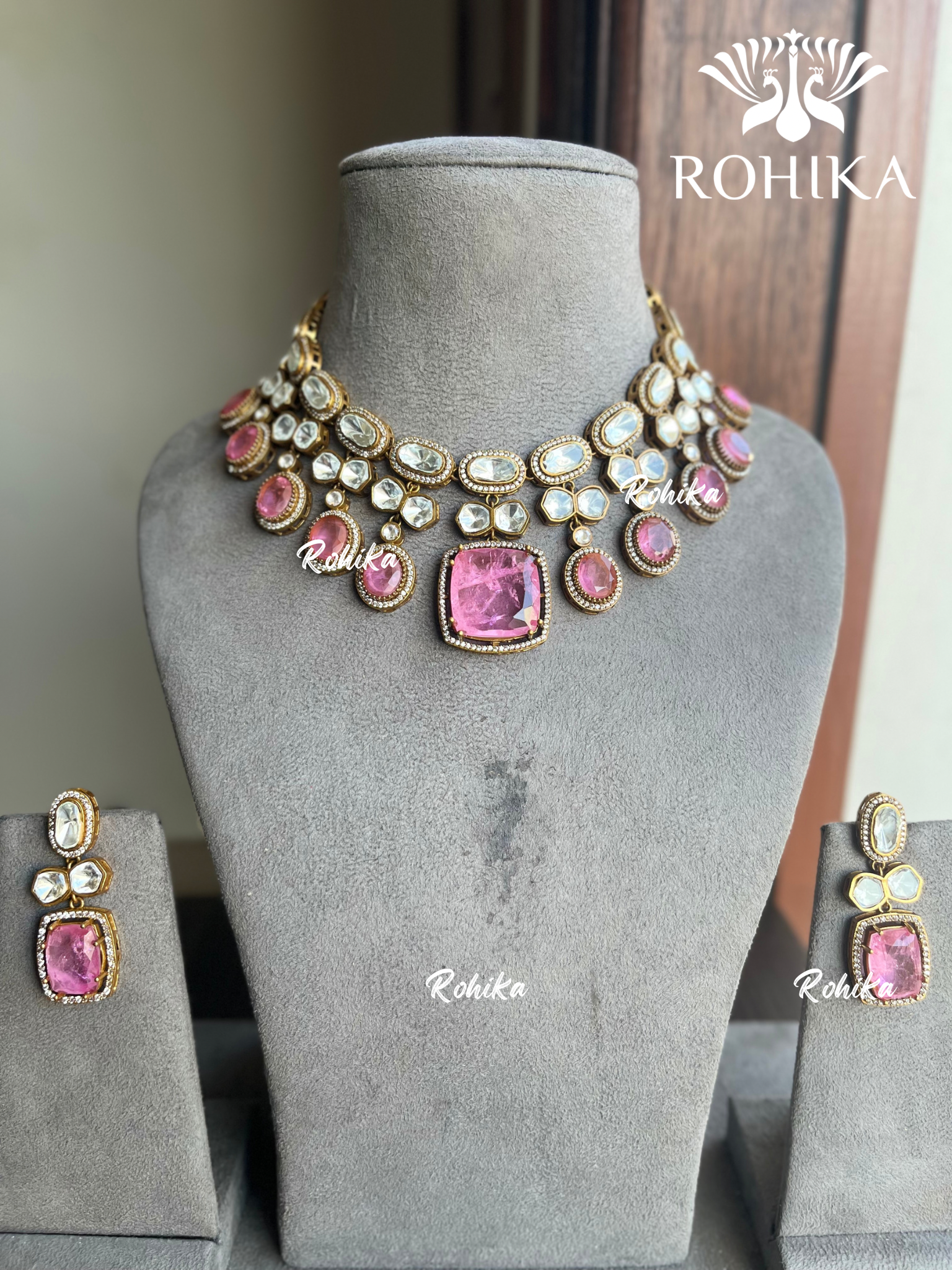 Saras doublet kundan necklace set - Pink