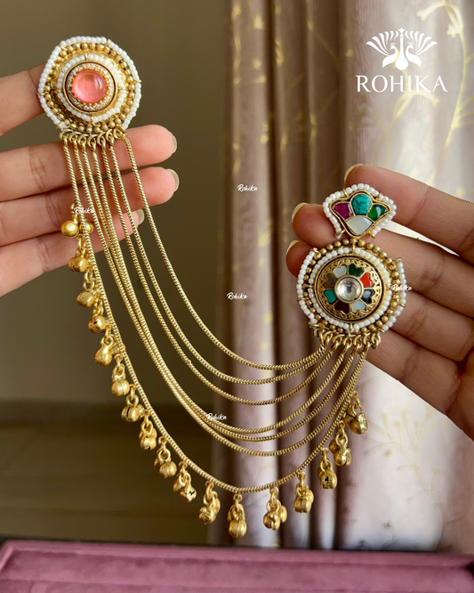 Piya polki kundan earrings with earchains(EE-007)- Pink and Multi Colour