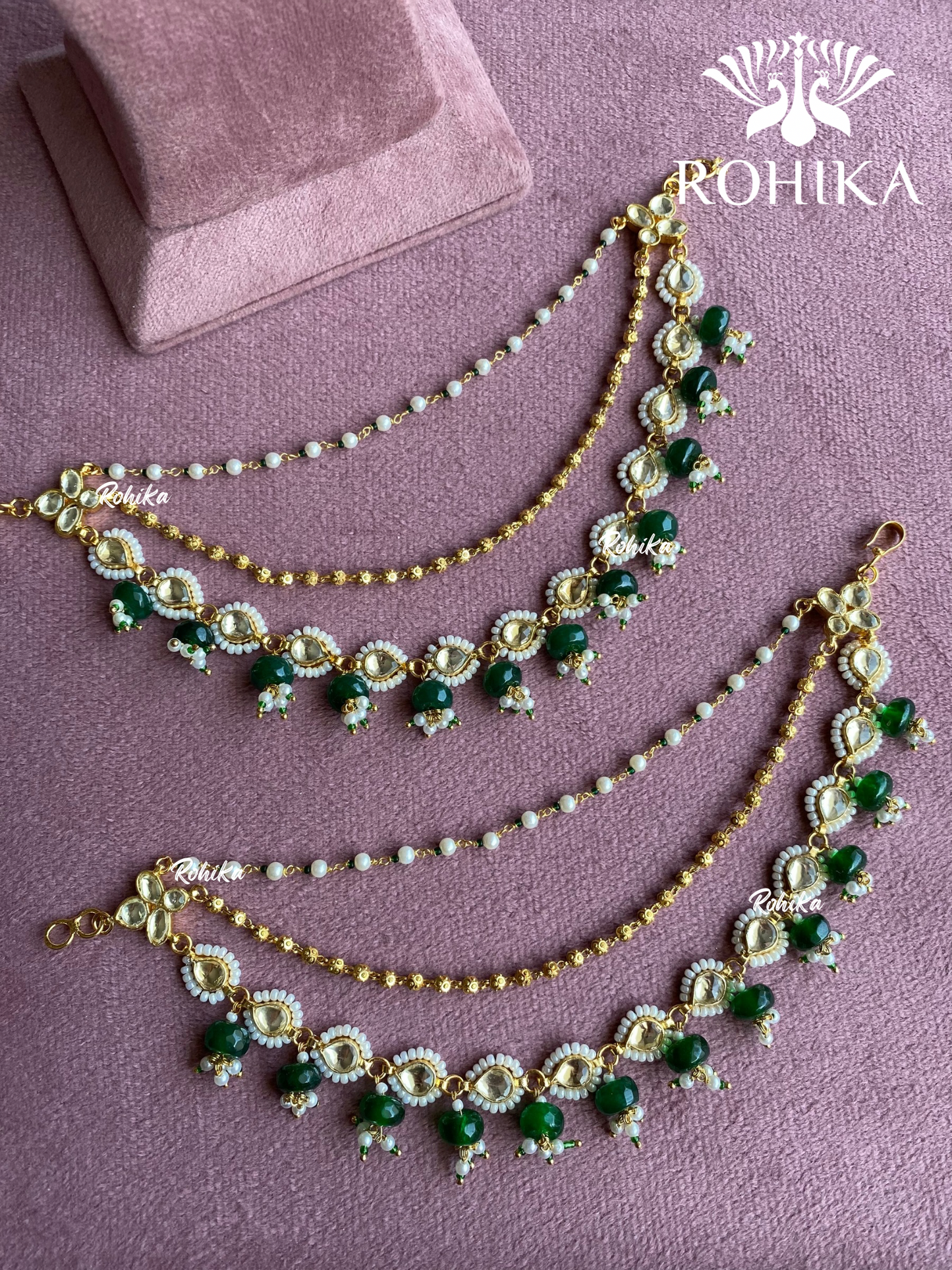Pachhi kundan chain earchains (EC-023) - Green