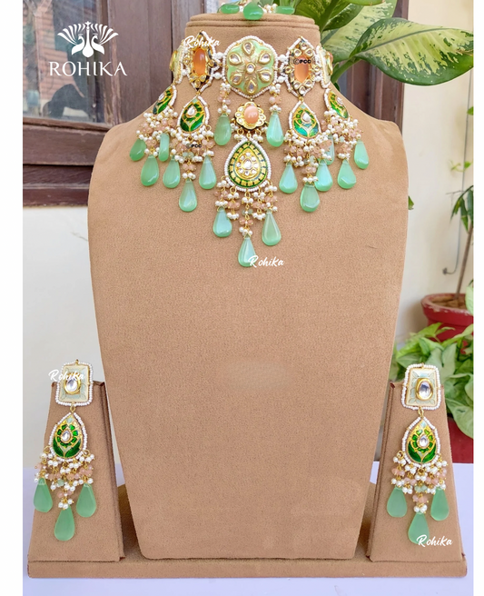 Unnati meenakari kundan choker set -  Green