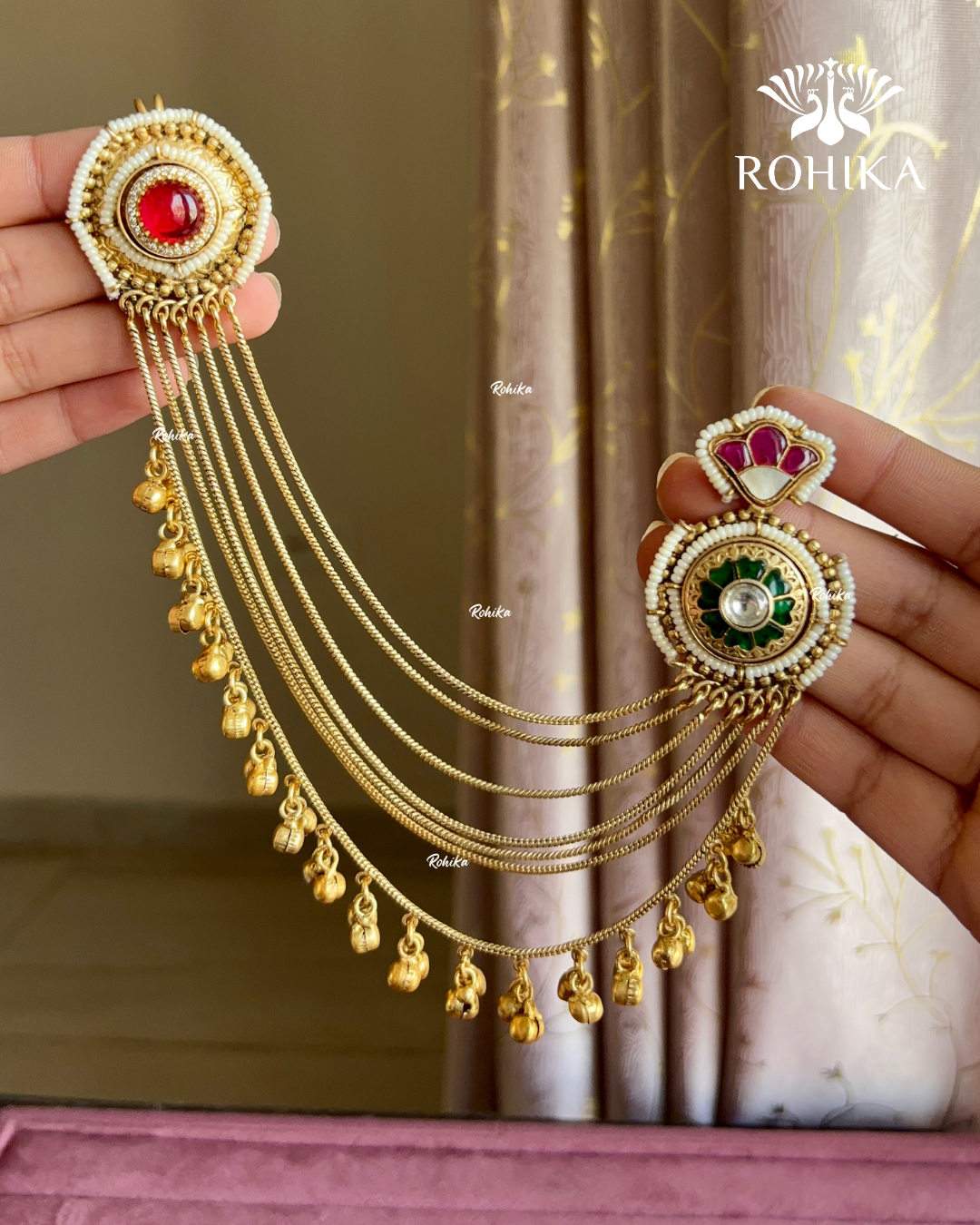 Piya polki kundan earrings with earchains(EE-007)- Red and Green