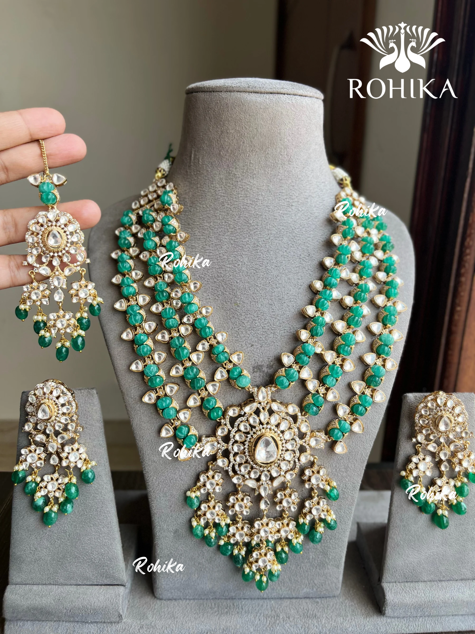 Urvi triple layer polki kundan necklace set - Dark Green