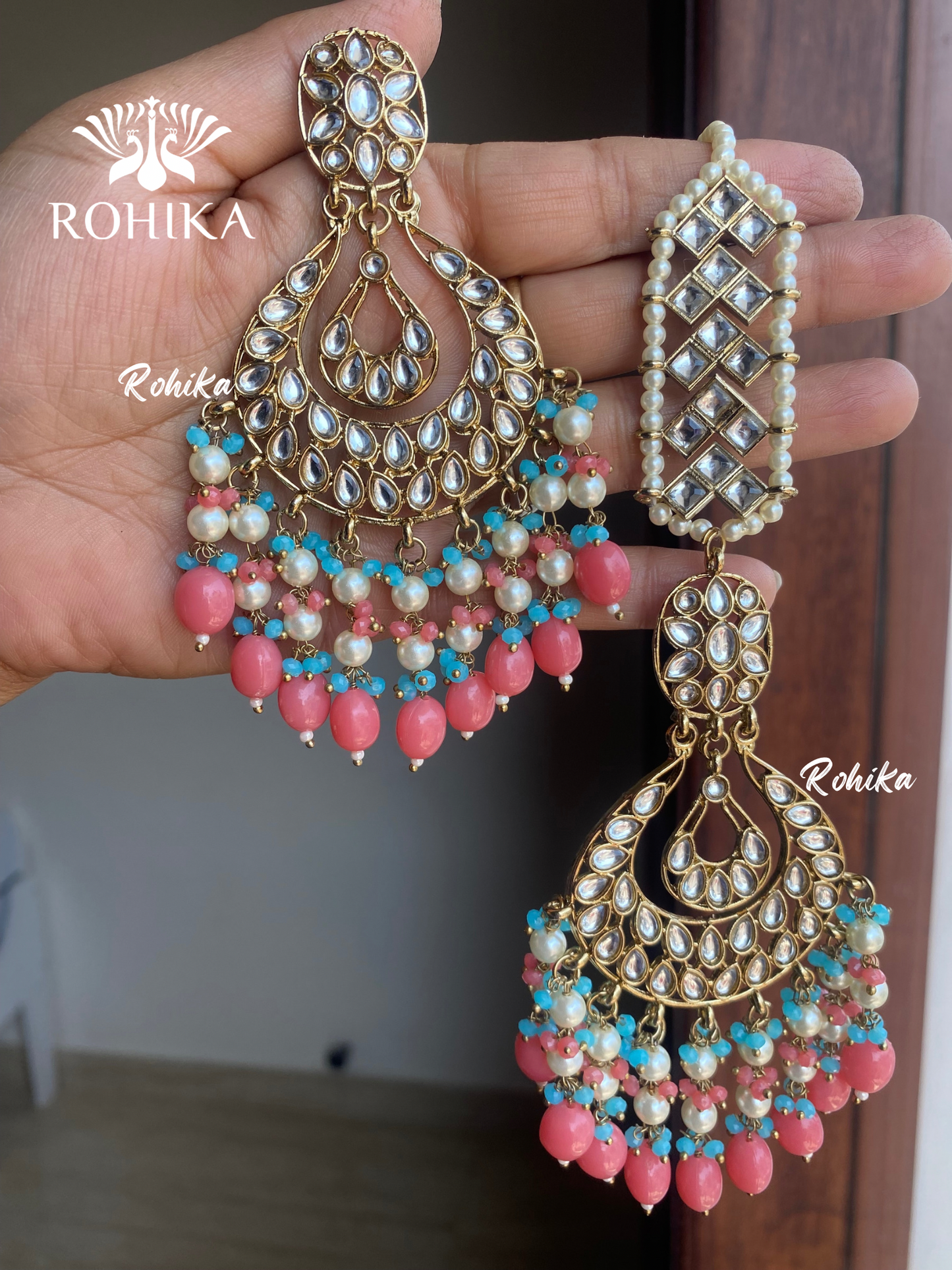 Madhur earrings and maangtikka -Peach and blue