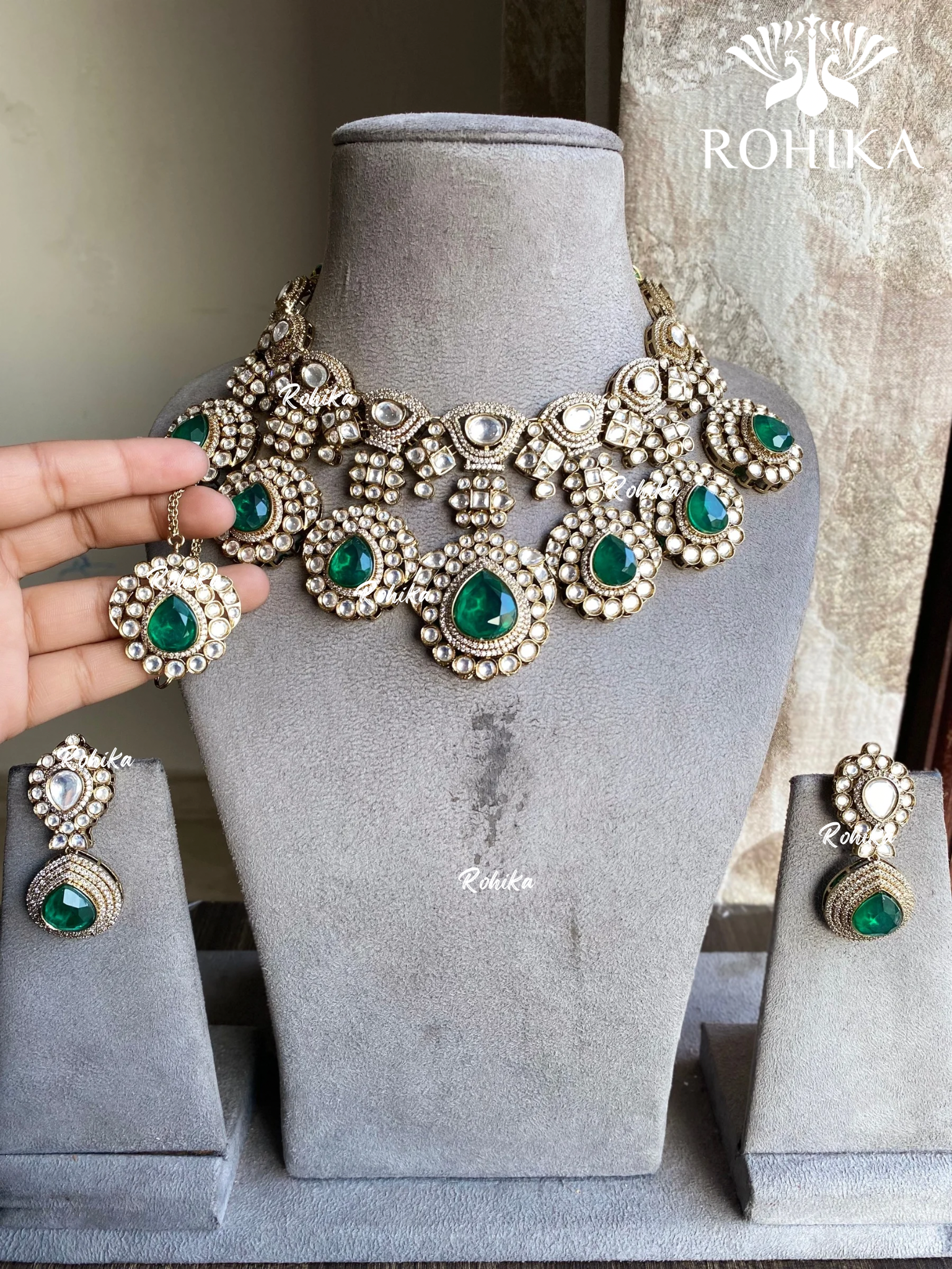 Sheesh doublet polki kunda necklace set - Dark Green