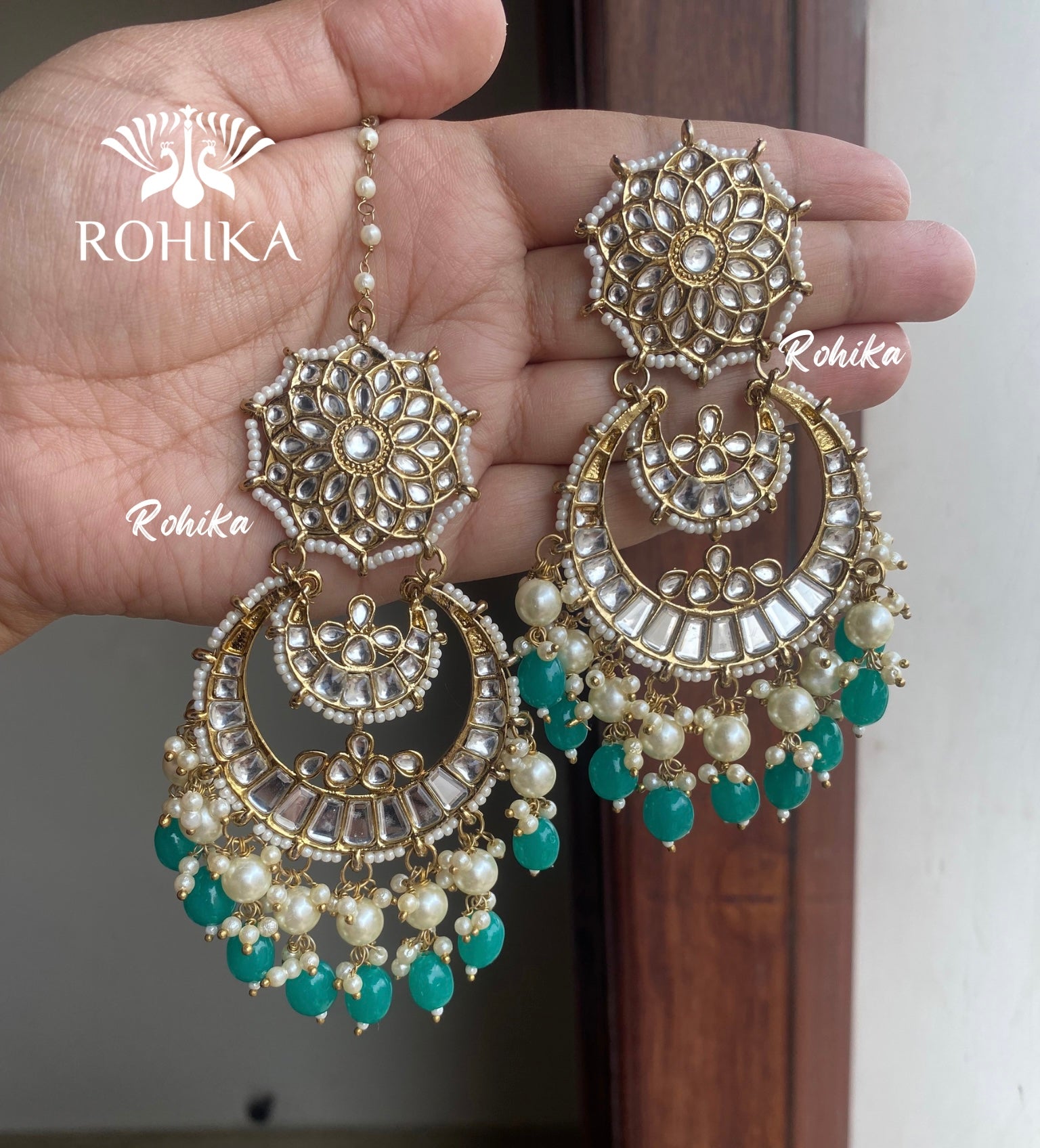 Paakhi earrings and maangtikka combo - Dark green