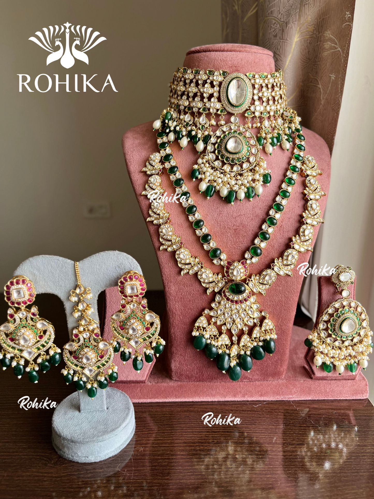 Maitri bikaneri kundan necklace combo set - Dark green