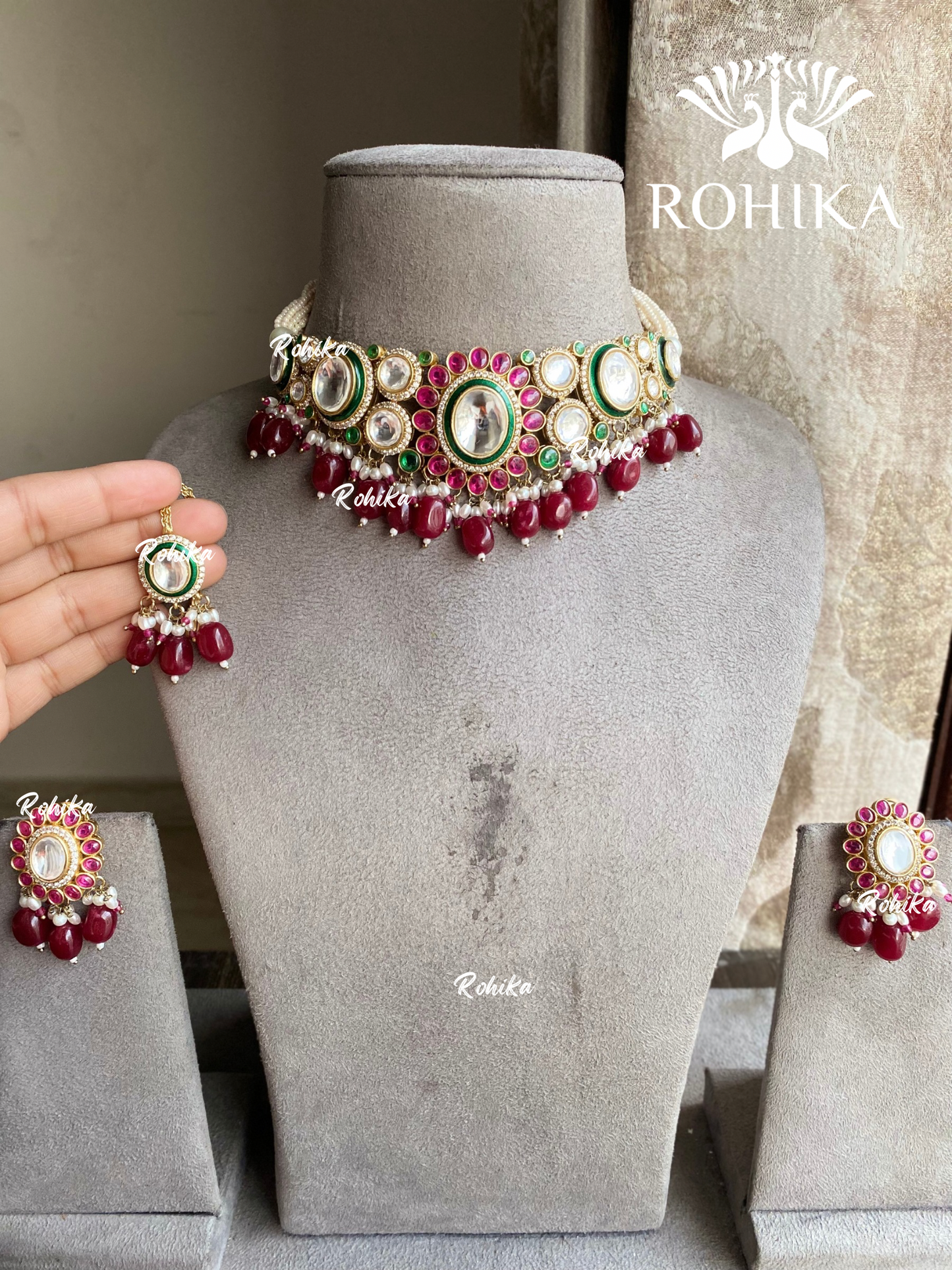 Pragya polki kundan choker set - Red / Maroon