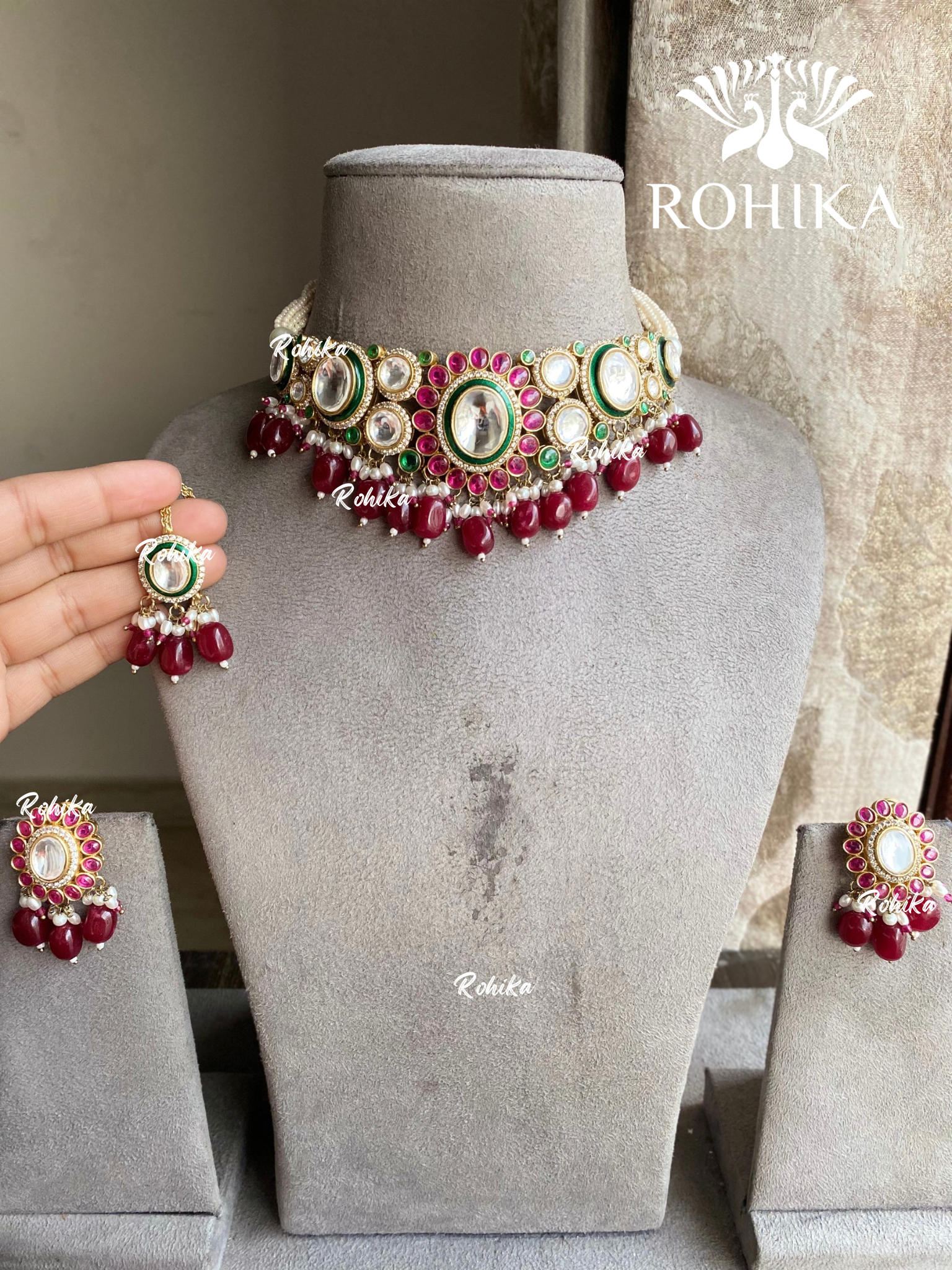 Pragya polki kundan choker set - Red / Maroon