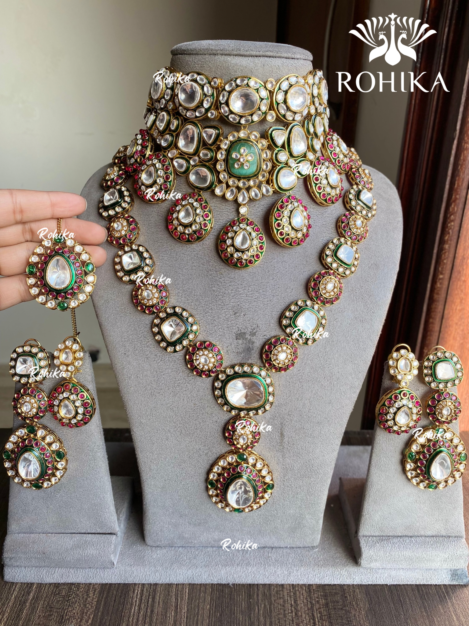 Durga bikaneri polki kundan bridal combo set - Pink