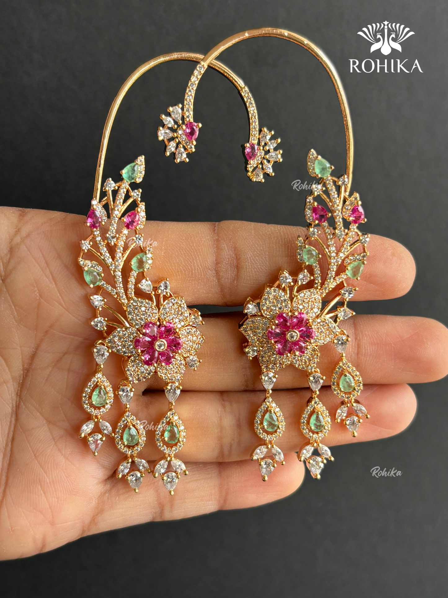 Aashvika American Diamond Earcuff Earrings - Mint Green And Pink
