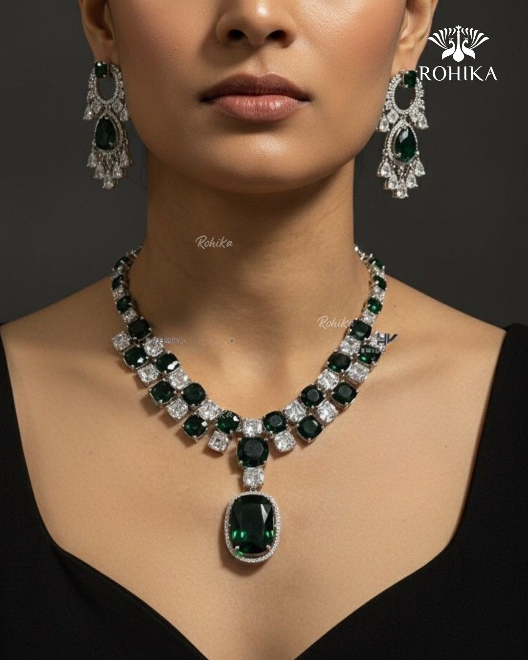 Eden American Diamond Necklace - Dark Green