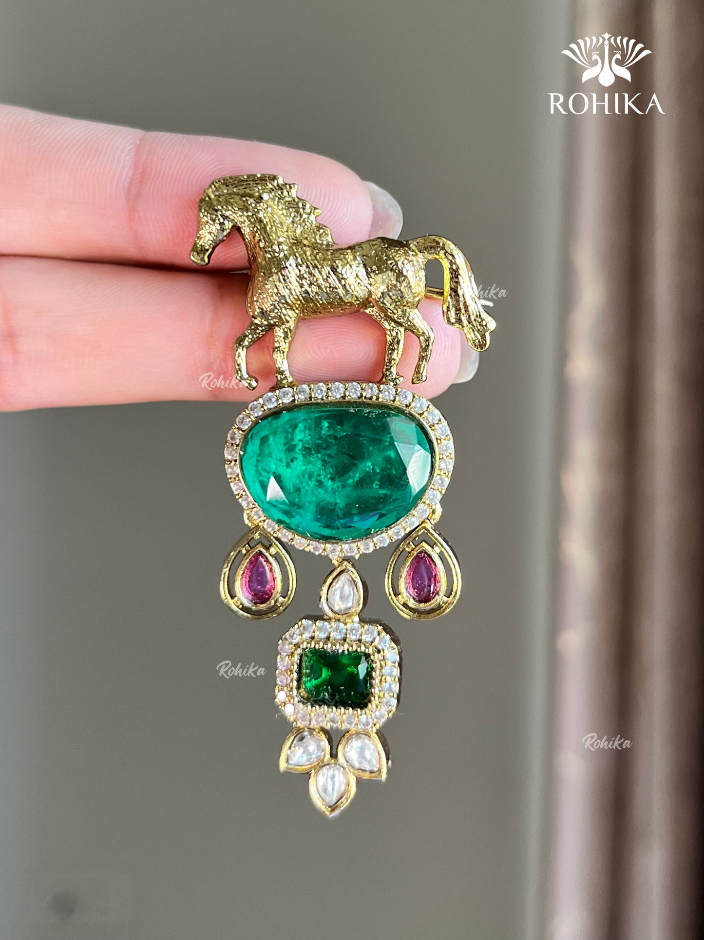 Polki Kundan Brooch (BR-019) - Green and ruby red