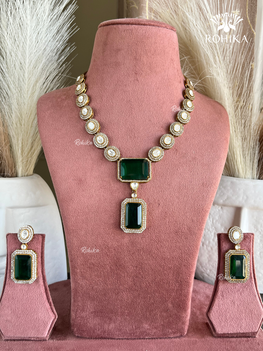 Latika polki kundan necklace set - Dark Green