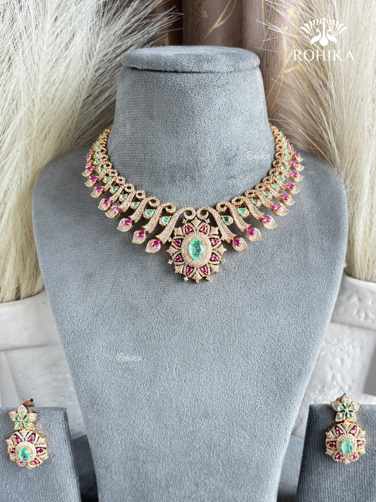 Sarisha AD doublet necklace set - Pink & Mint Green