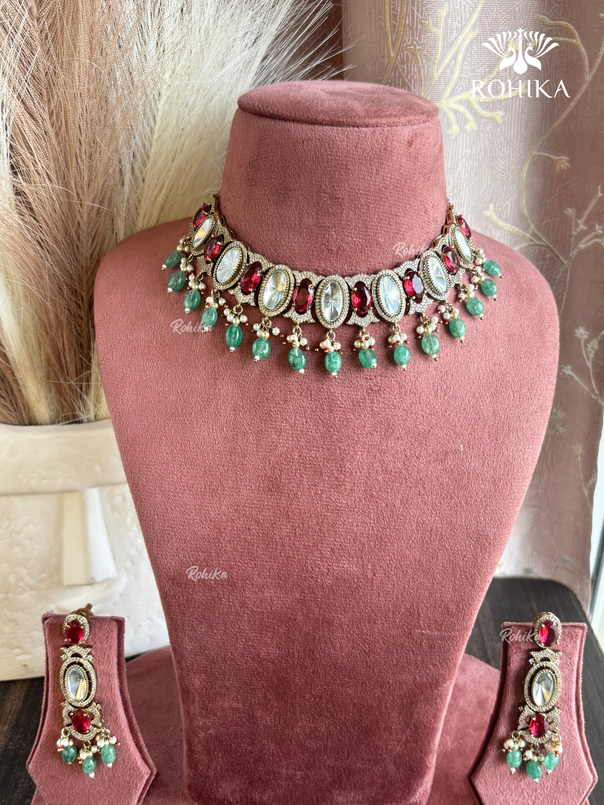 Gitali Polki Kundan and AD Choker Set - Red And Mint Green