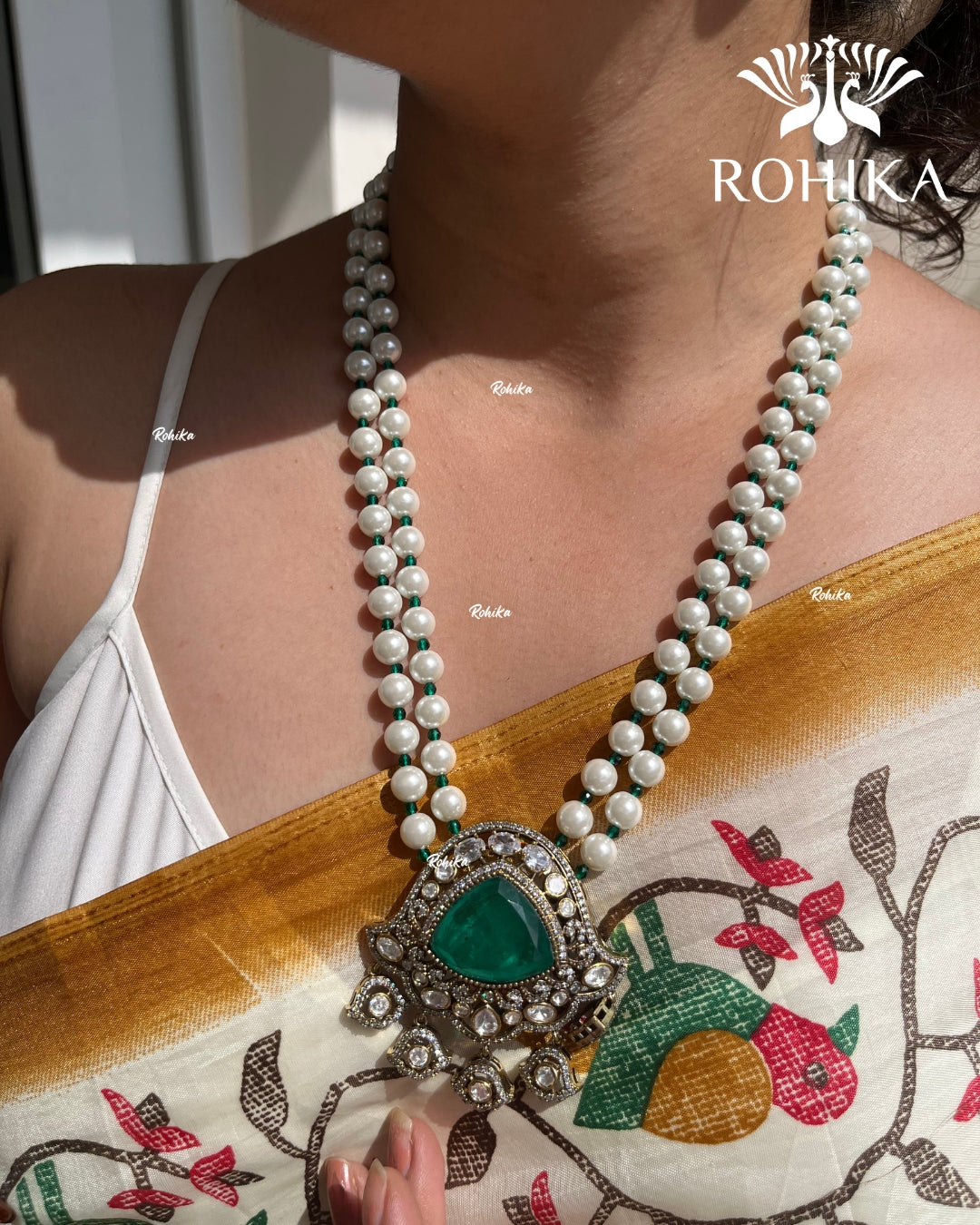 Adhrit Polki Kundan Doublet Long Necklace Set - Dark green
