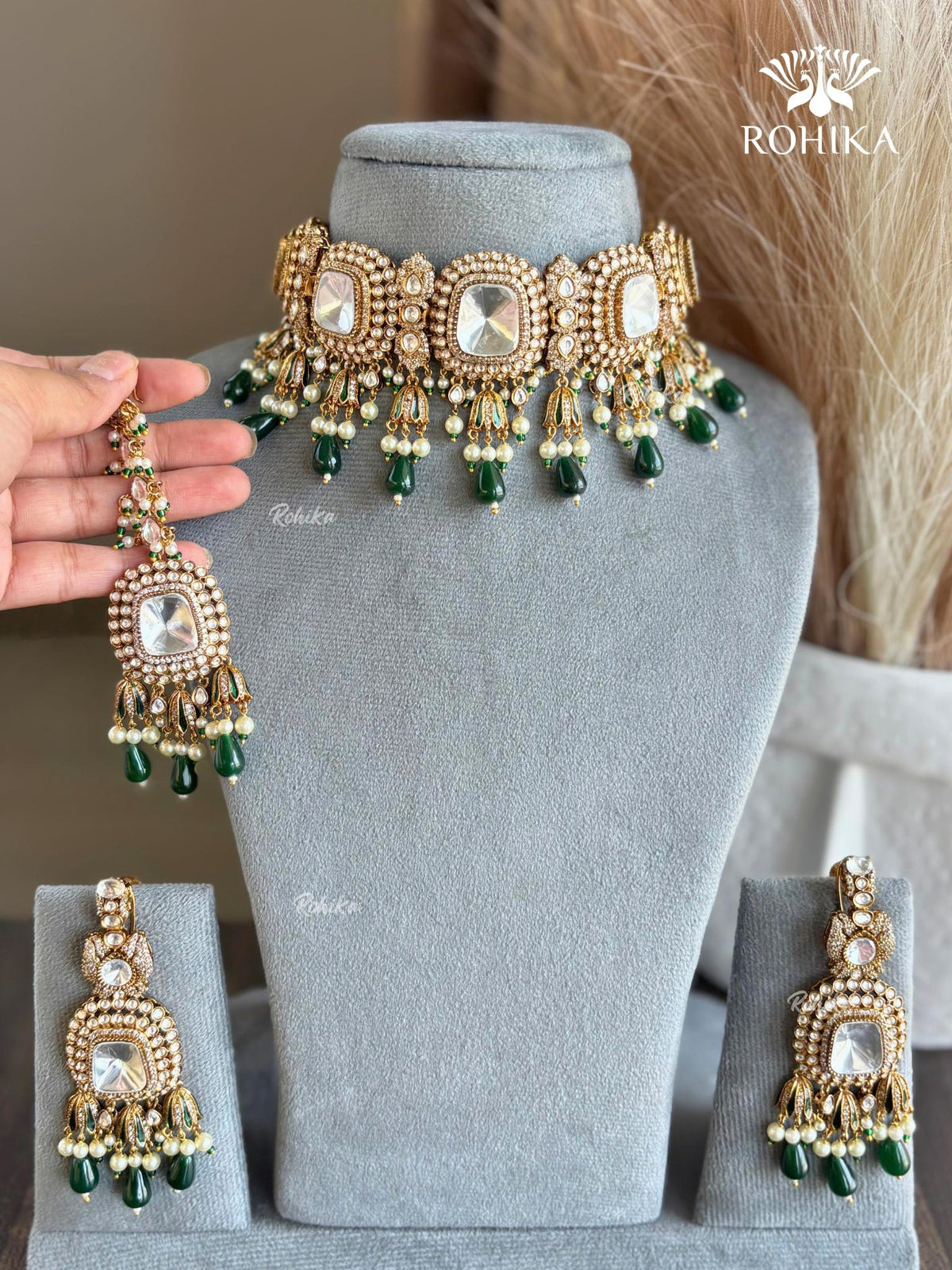 Tyani Polki Kundan Choker Set - Green