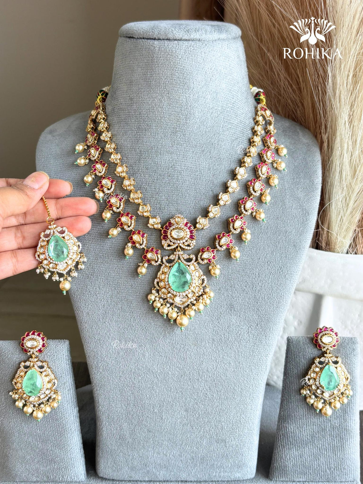 Kritika Moisanite Layered Necklace Set - Mint Green