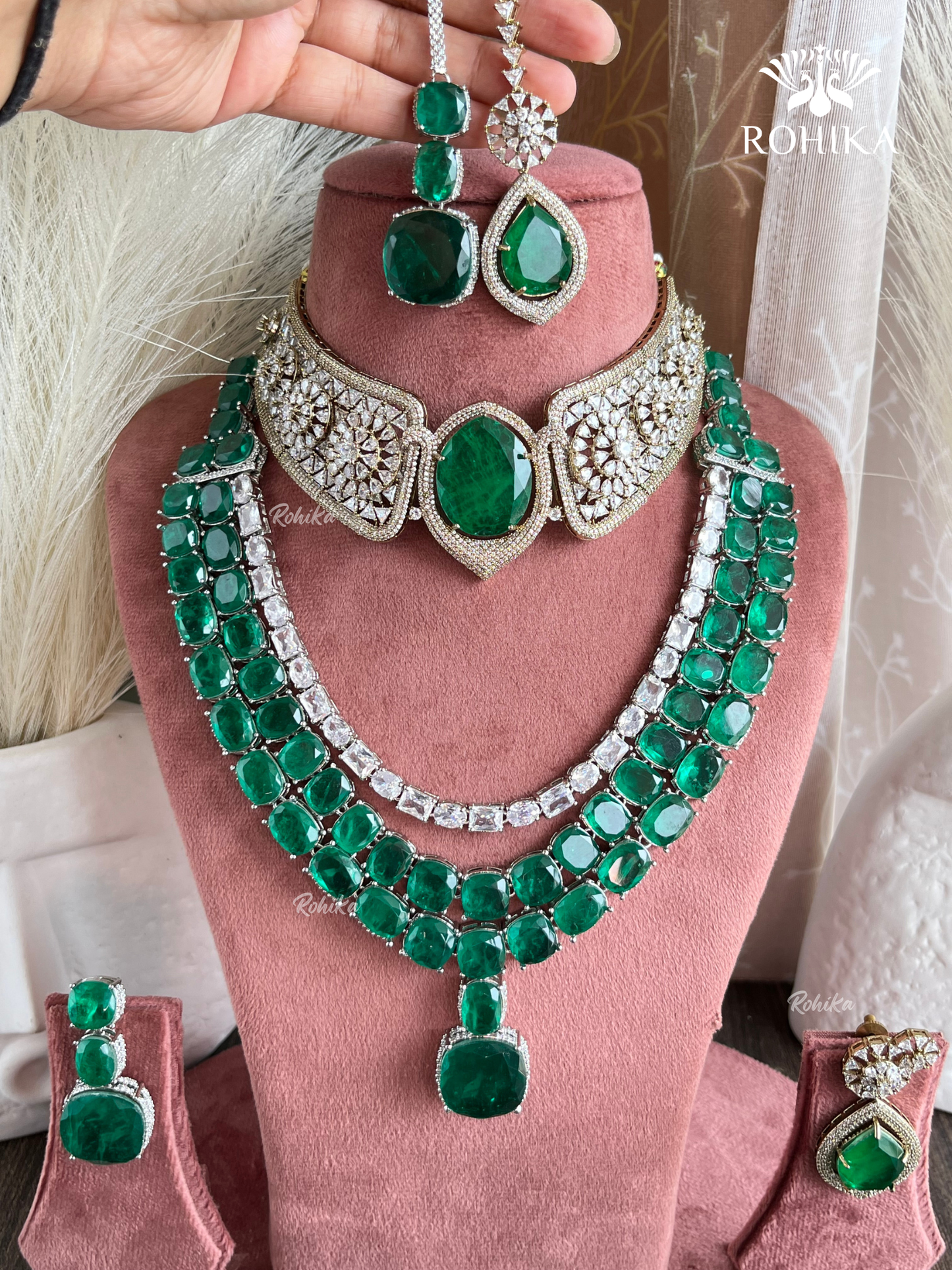 Jessia AD Doublet Layered Combo Necklace Set - Green