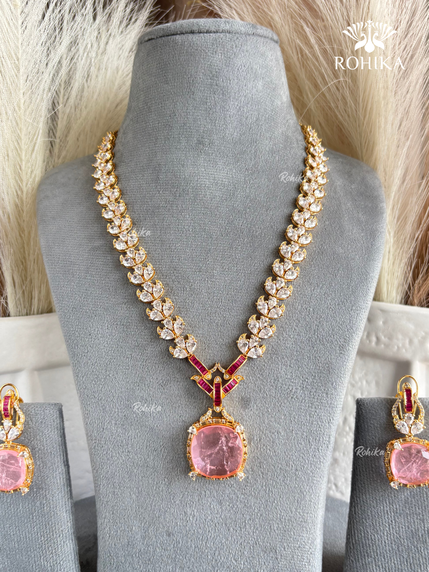 Farah AD Doublet Long Necklace Set - Pink